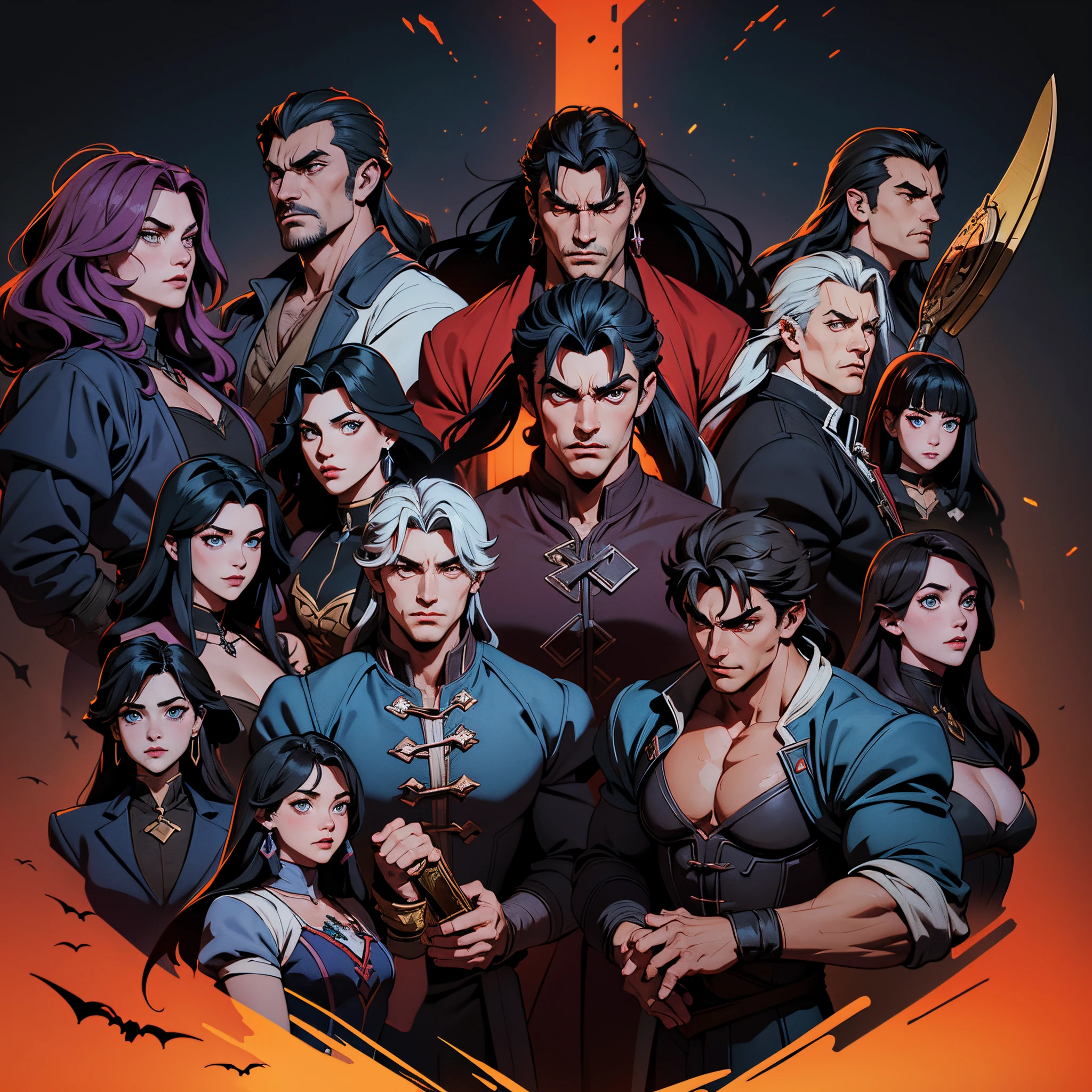 Castlevania Shadow Lord beau musclé Lord Dracula chef d'orchestre de troupes armées de démons à la guerre hyper réaliste super détaillé Pose dynamique super détaillé visages hyper réaliste super détaillé hokuto no ken kenshiro style musclé Lord