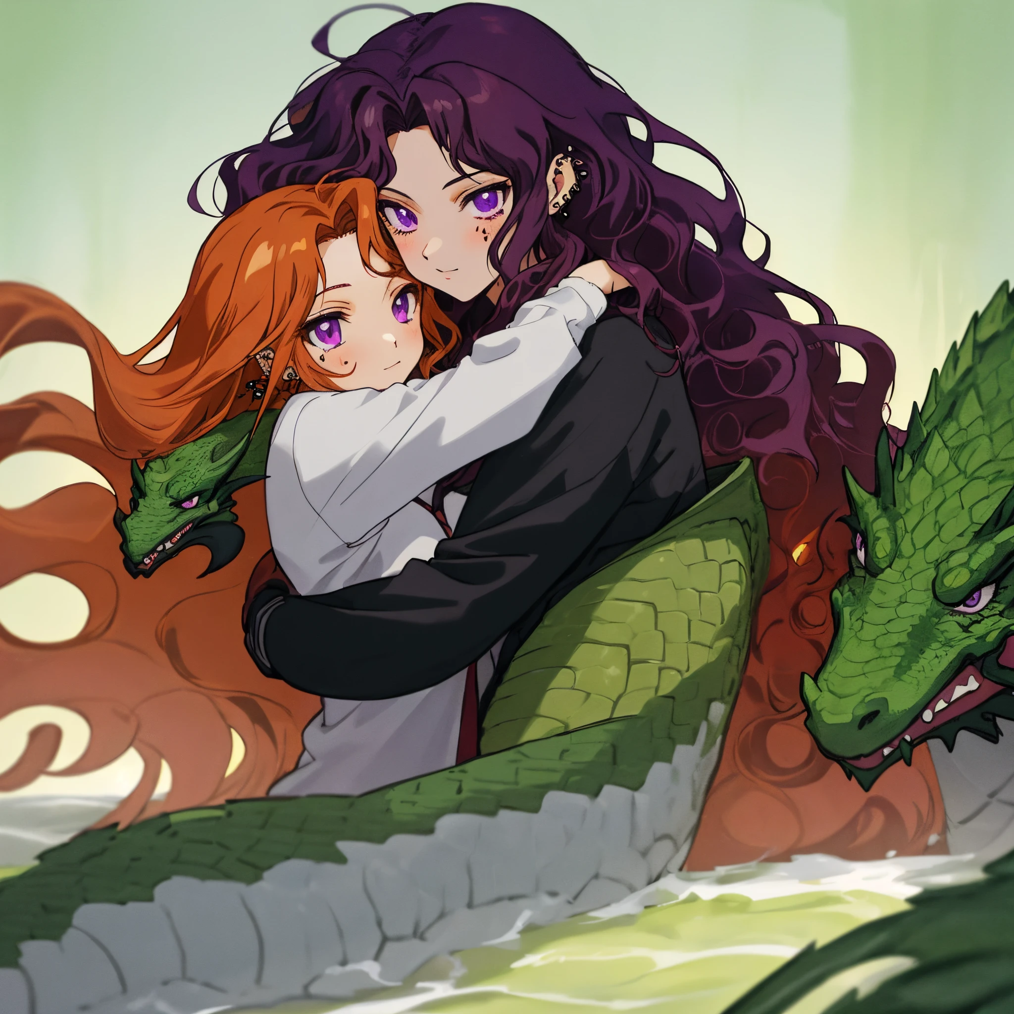 Garoto de cabelo perto longo, de olhos verdes, with piercings on her face and dragon tattoo on her body hugging a girl with long red wavy hair and purple eyes anime version