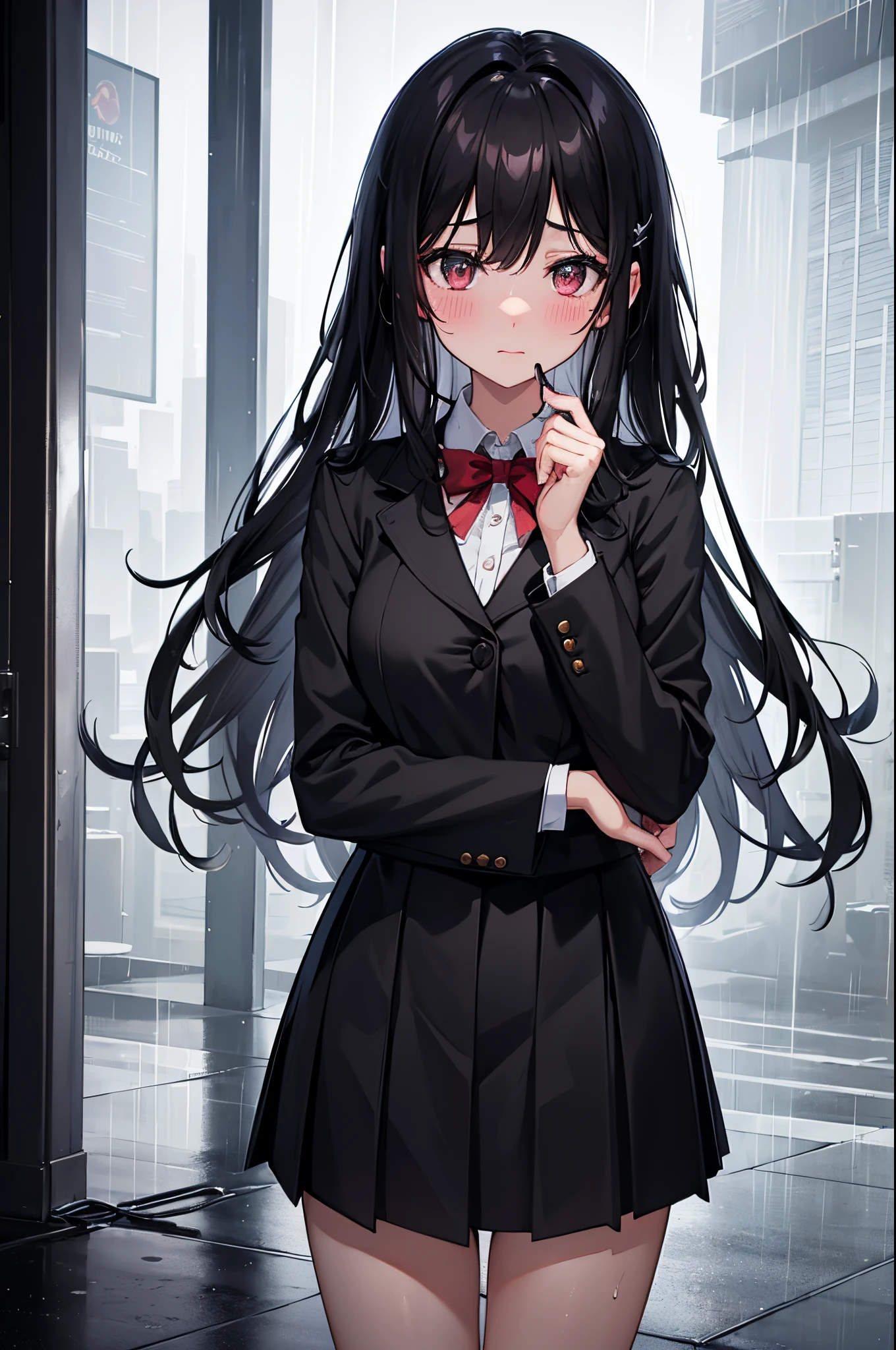 1girl,long black hair,schoolgirl uniform,shy,blush,wet,rain,transparent,(masterpiece,best quality),(highres,hdr),(soft light),cinematic composition, cinematic light