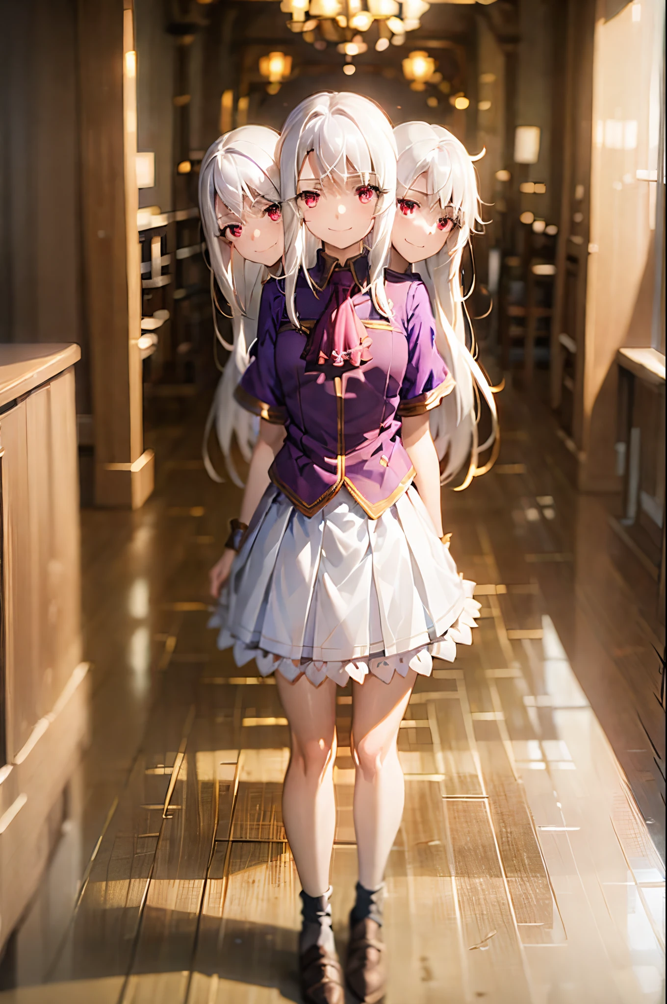 (3heads:1.6), best quality, (masterpiece:1.2), highly detailed,
fate/stay background, indoors,
illyasviel von einzbern ubw,
1girl, solo, standing, looking at the viewer, closed mouth, smile,
long hair, white hair, red eyes,
purple shirt, ascot, white skirt