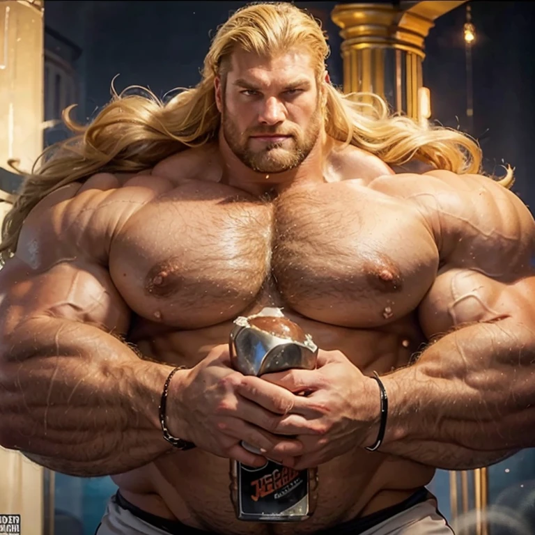 Photo, very tall gigantic massive handsome bodybuilder man, very hairy body, blond hair, with extremely big huge beefy massive round pecs, milk coming out of nipples, with an extremely big 2 meters long thick  [lifting weights with the  ]