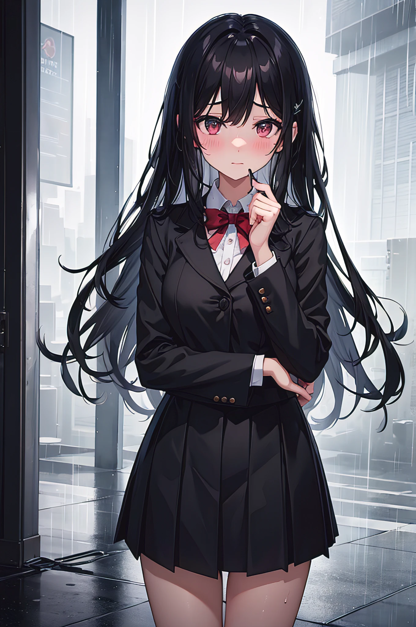 1girl,long black hair,schoolgirl uniform,shy,blush,wet,rain,transparent,(masterpiece,best quality),(highres,hdr),(soft light),cinematic composition, cinematic light