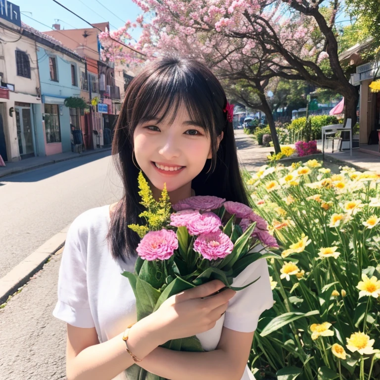 3d anime、8K、Please draw a portrait of the magical florist Yuki。Yuki has a smile full of kindness and hope.、I have a beautiful bouquet of flowers in my hand。Magical flowers bloom behind me、The warm atmosphere of the town is spreading。Popo、Please express how Yuki's dog is smiling as well.。