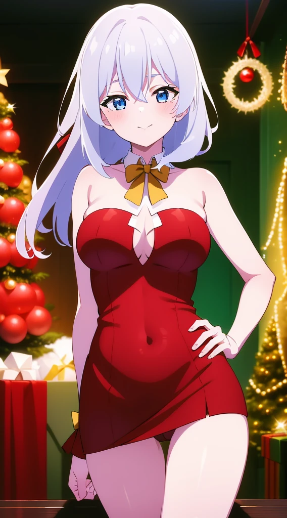 masterpiece, best quality, 1 solo girl, silver hair, blue eyes, short hair, wavy hair, Christmas ornaments, medium breasts, mature body and face, red christmas dress, christmas, christmas light, christmas tree, red gloves, red santa skirt, holding gift, red bra, red panty, leg up, cowboy shots, sexy pose, dakimakura, detailed body, face, and eyes, sharp focus, vibrant, creative, dynamic, high definition, high resolution, 8k, (Upscale: R-ESRGAN 4x+ Anime6B), (Image enchance:4x), voluptuous body