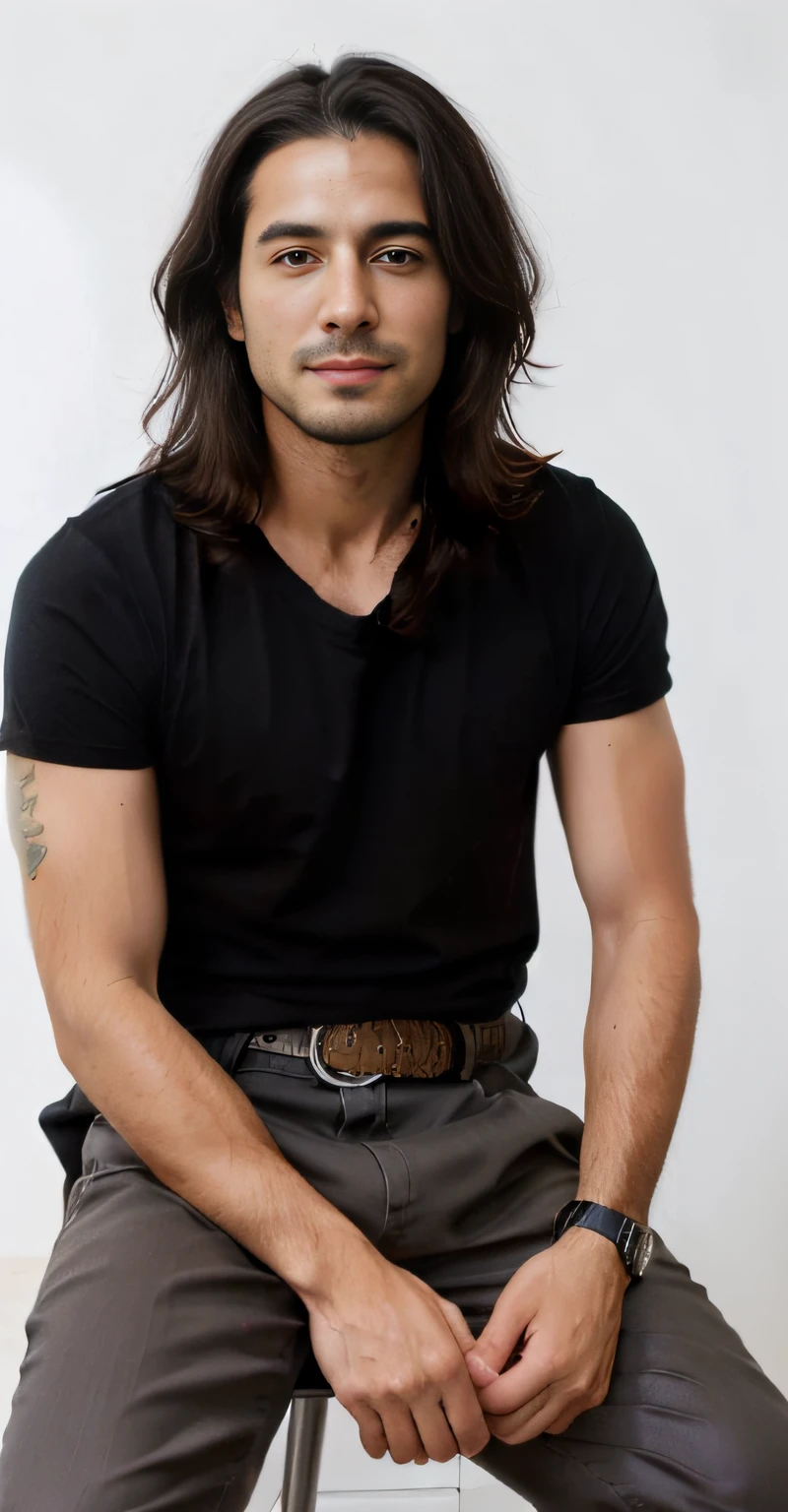 arafed man sitting on a stool with his hands on his hips, he is wearing a black t-shirt, mid long hair, wearing a black tshirt, chin-length hair, wearing a black shirt, wearing a black t-shirt, wearing black tshirt, young with long hair, with long hair, hair floating covering chest, steven jung