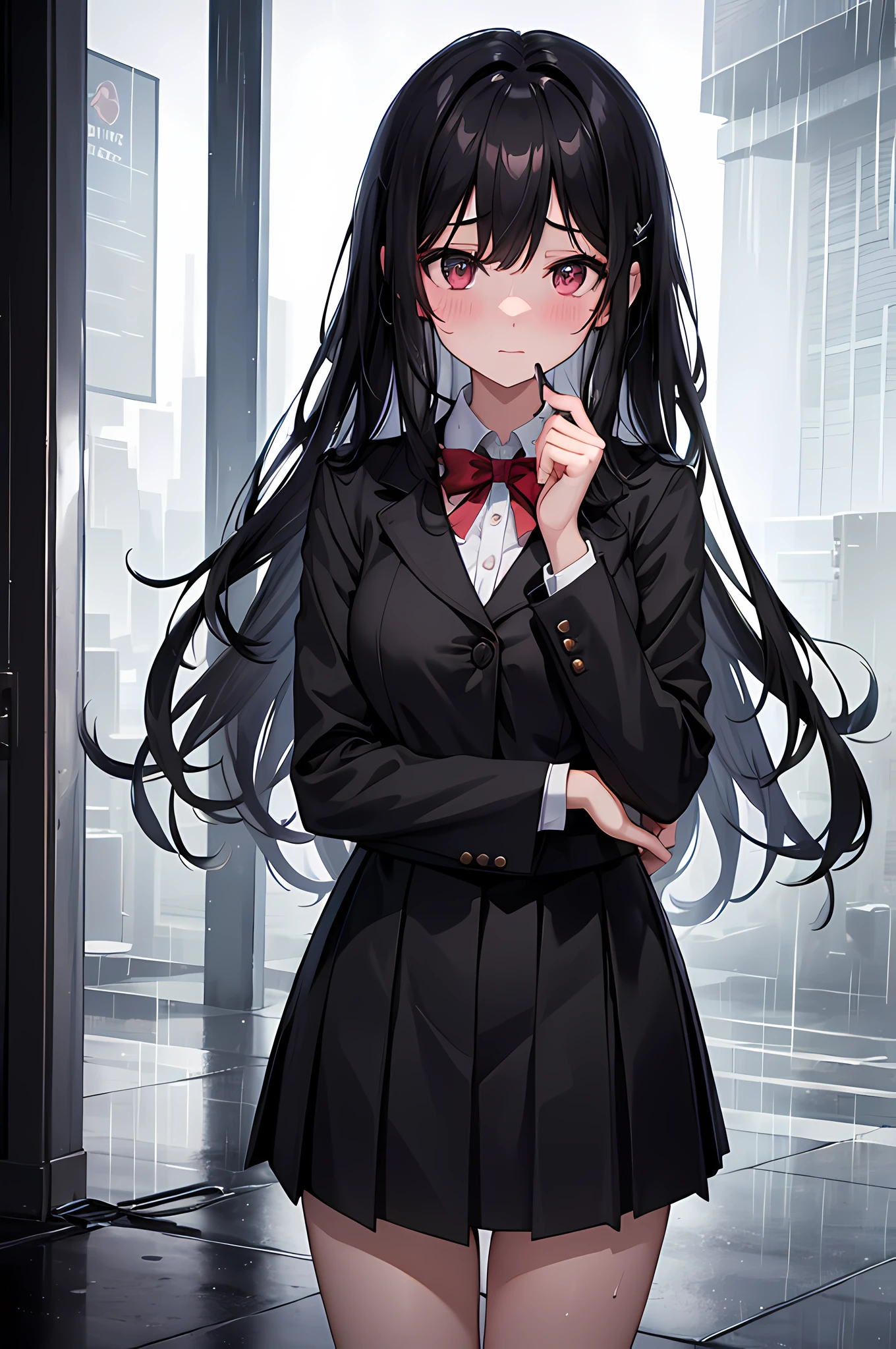 1girl,long black hair,schoolgirl uniform,shy,blush,wet,rain,,(masterpiece,best quality),(highres,hdr),(soft light),cinematic composition, cinematic light