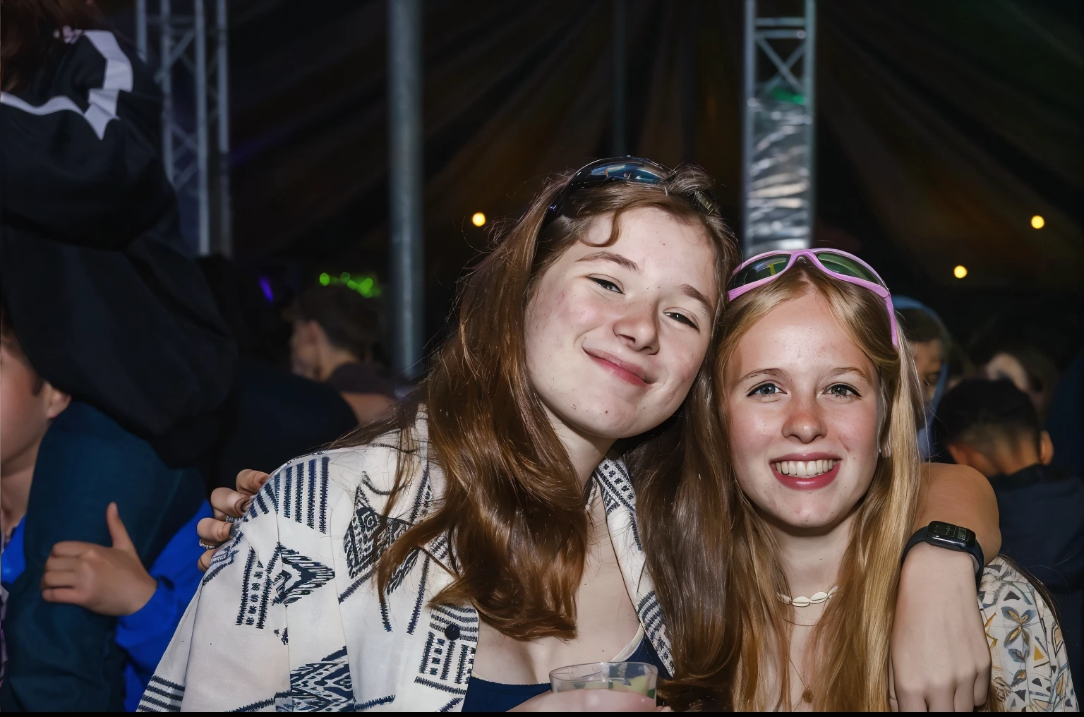 they are two girls posing for a picture at a party, people enjoying the show, profile picture 1024px, sarah cliff, taken in the early 2020s, taken with canon 5d mk4, dance trance edm festival, andrew dickson, girl with cat ears at a rave, summer festival night, revellers, amanda clarke