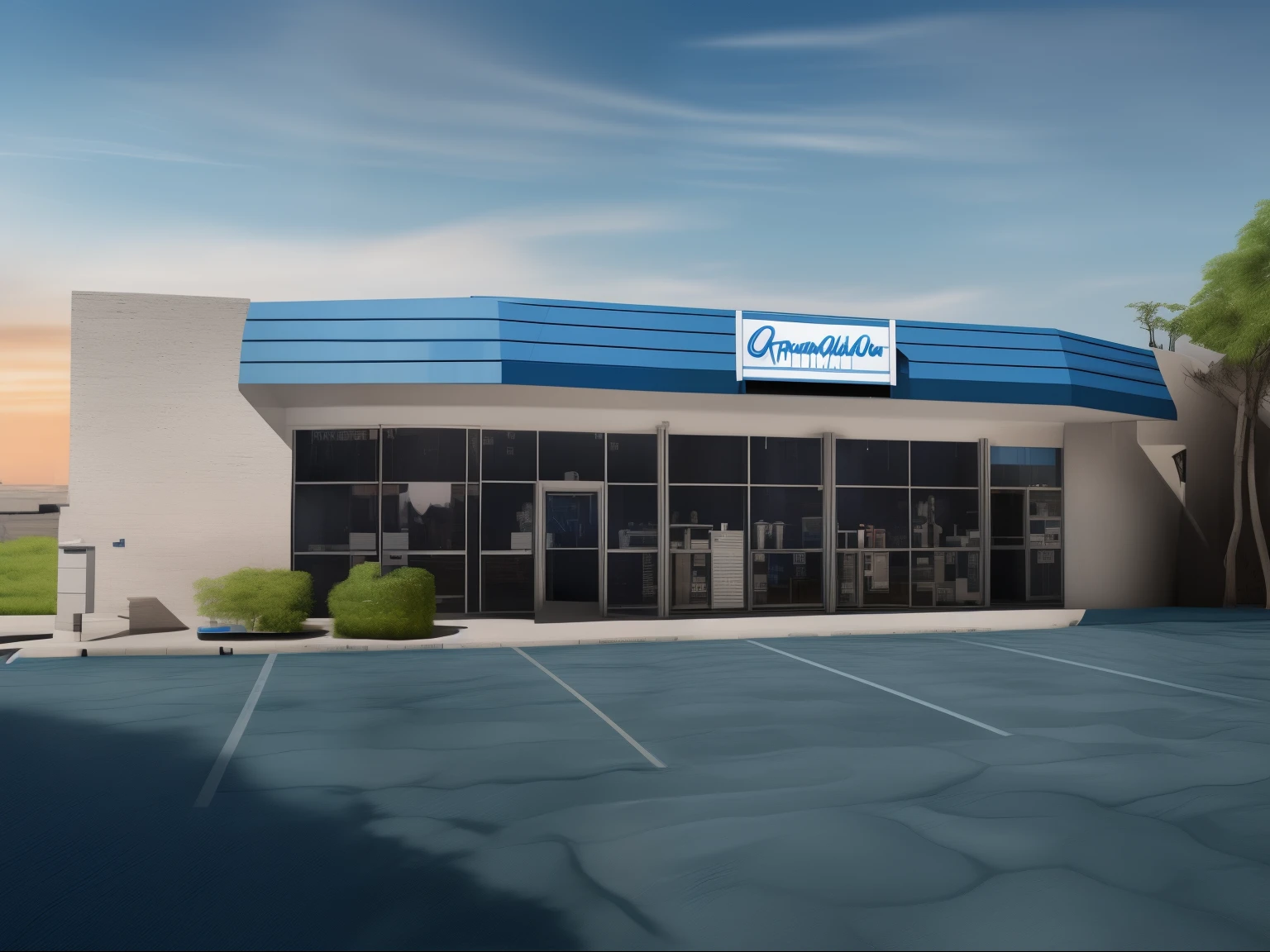 Estacionamiento arafado con techo azul y toldo azul., Plano amplio exterior, Plano exterior, foto frontal, Foto oficial de la tienda, tienda del centro comercial cerrada, hi-res photo, Tienda, foto comercial, Gran angular exterior 2022, Nitido, UHD, 8K, Dia de Verano