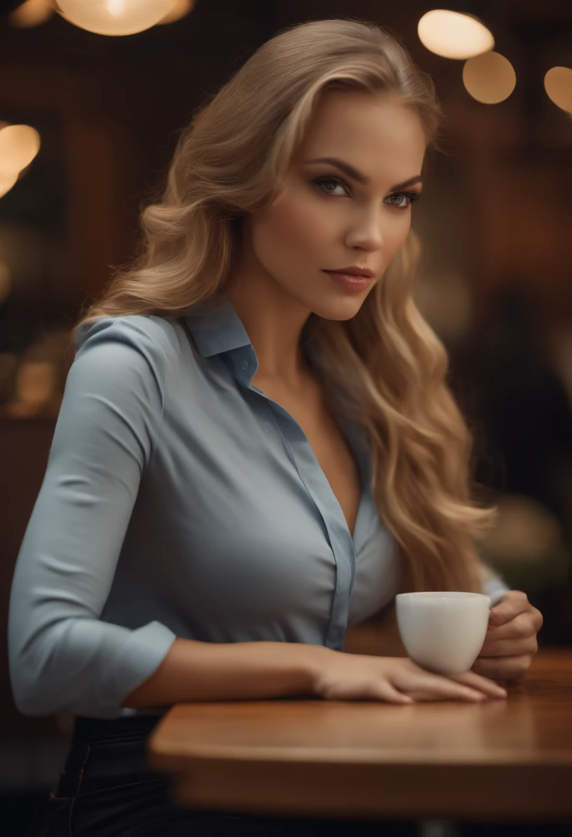 professional, (4k photo:1.1) by (Jeremy Lipking:0.3), (Dittmann Anna:0.3), (Arian Mark:0.3), (Sharp focus:1.3), high detail, wearing (tight shirt:1.2), beautiful detailed face, hazel eyes, long blonde hair, (attractive young woman:1.3), (seductive:1.1), (blushing:1.1), hourglass body shape, big round breasts, wide hips, on cafe