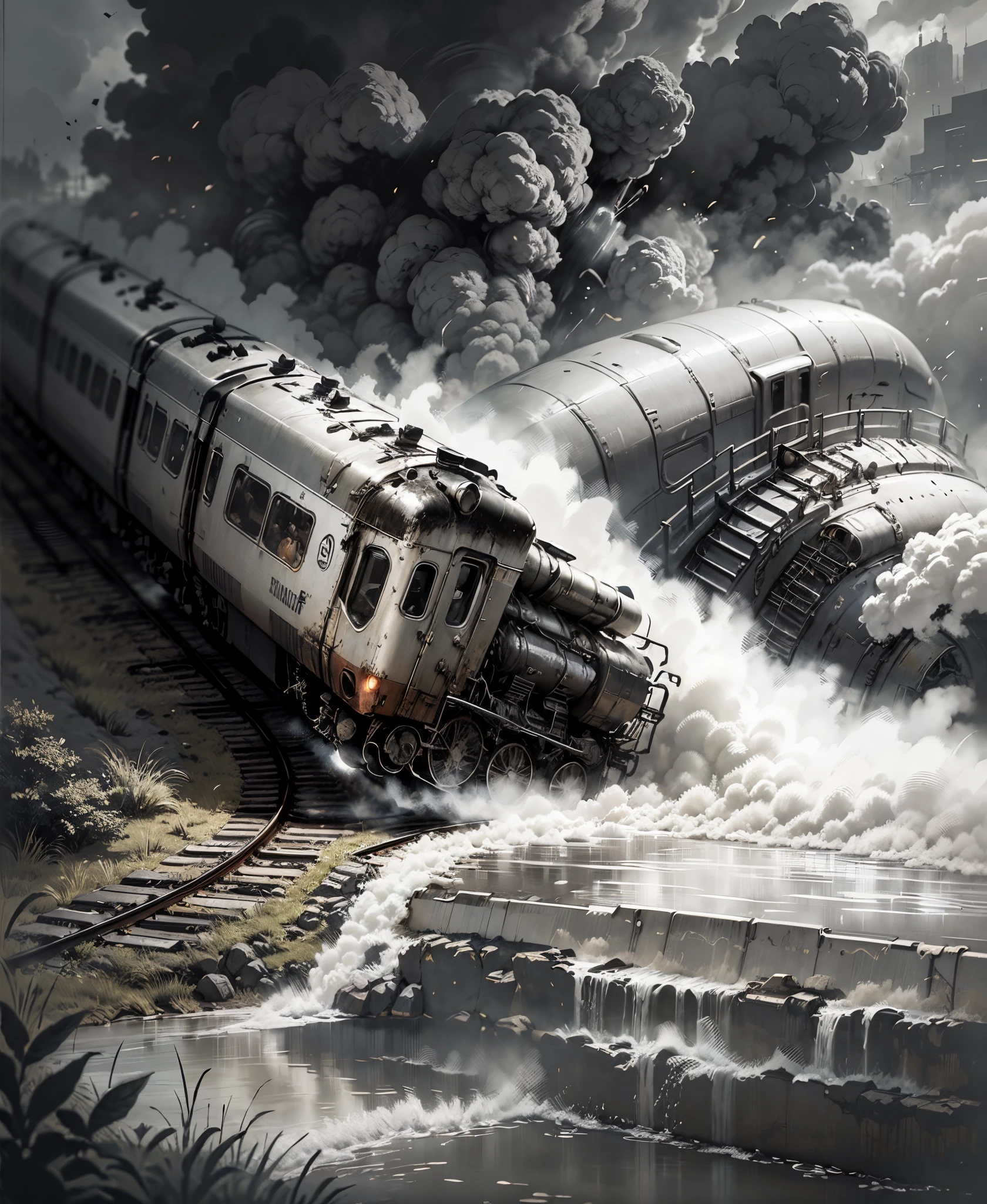monochrome train accident. detail accident train break and fall into river --auto --s2