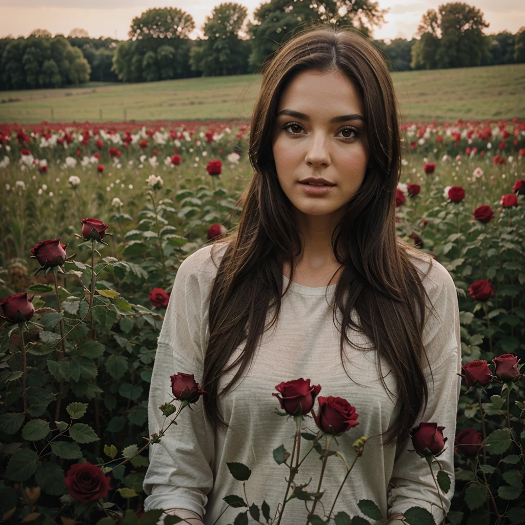 a brunette woman in a field of realistic roses