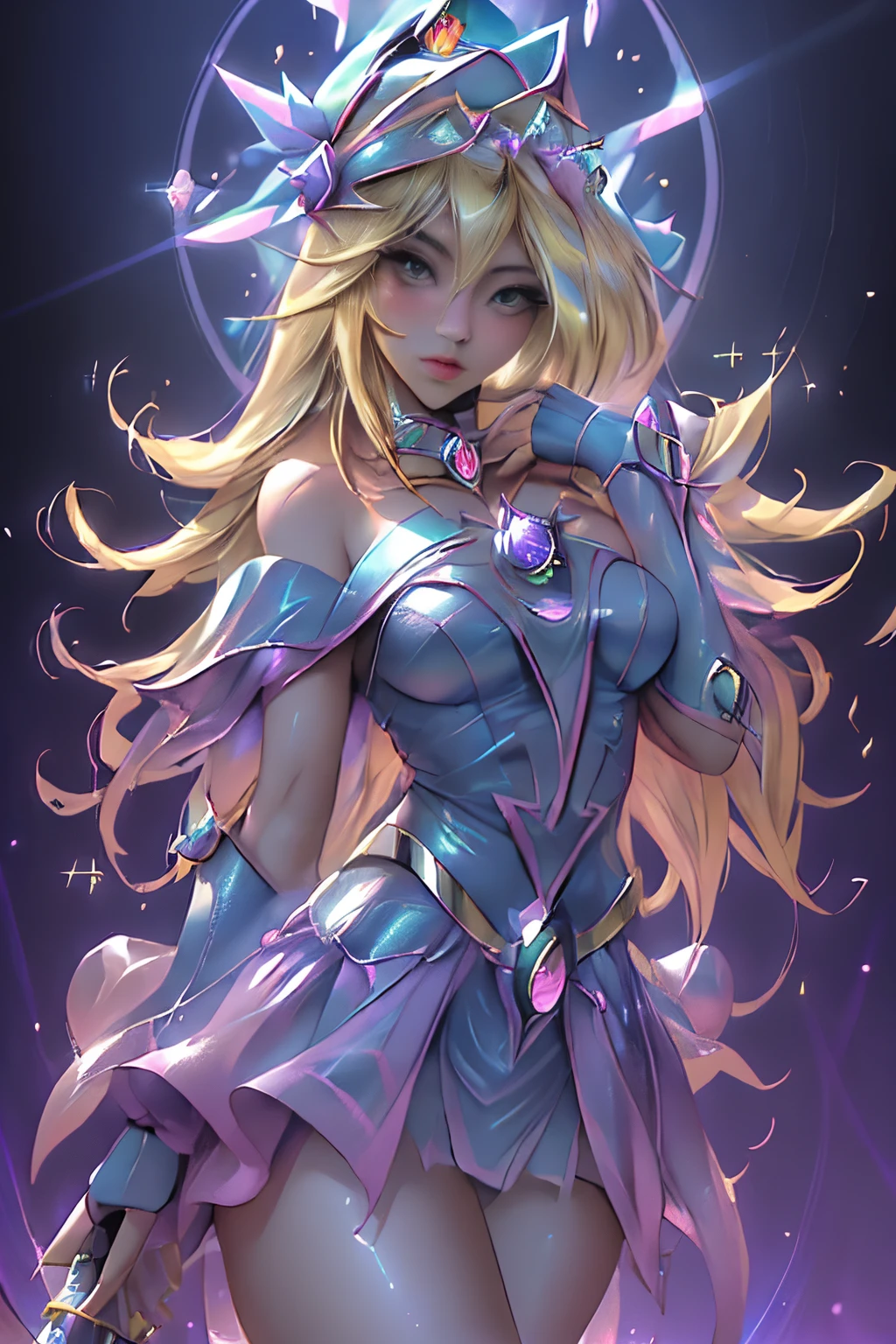 ((La mejor calidad)), ((Obra maestra)), ((realista)), retrato, dark magician gils.
1girl, celestial, Deidad, diosa, light particles, halo, Mirando al espectador,
(bioluminiscente:0.95), Vibrante, Colorido, Color, (resplandeciente, resplandecer),
(beautiful composition), cinematic lighting, intrincado, (Symmetrical:0.5), Caprichoso,
