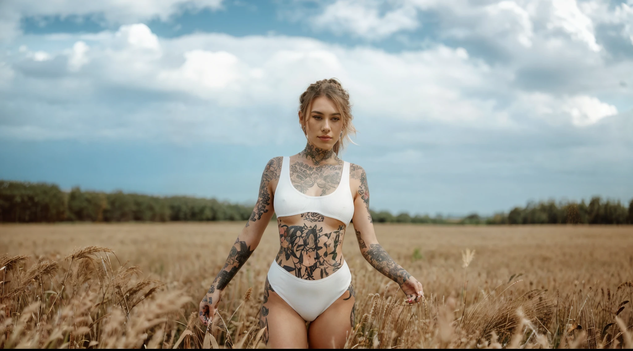 there is a woman in a white bodysuit standing in a field, tattooed body, fully tattooed body, tattoos all over the skin, in a field, inked, tattooed, with tattoos, tattooed skin, full-body tattoos, full - body tattoos, tattoo style, full body tattoo, in the middle of a field, anna nikonova aka newmilky