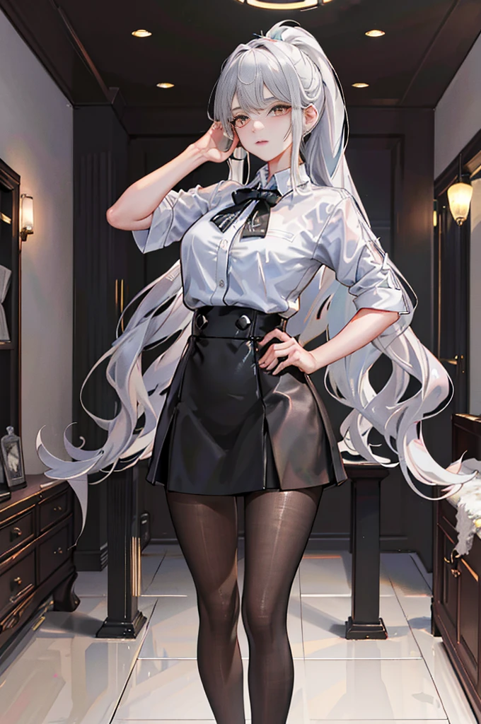 1 girl! Ray tracing, best shadows, high resolution (dim lighting) detailed background (living room) fluffy silver hair, plump and slender girl, high ponytail avoiding golden eyes in the ominous living room (girl wearing white shirt, black wrinkled skirt, with black transparent pantyhose), showing a delicate slim figure and graceful curves, correctly positioned and reasonable limbs! Put your hands behind your head, stand dignified, facial details! Delicate facial features, pay attention to the position details of the legs! Pay attention to hand details! High quality! More eligible! Reduce mistakes! The painting is more fine, ultra-detailed CG, and the picture is more reasonable! Pay attention to finger details! 8k wallpapers, masterpieces, double eye details! Reduce binocular differences! Limit the number of fingers!