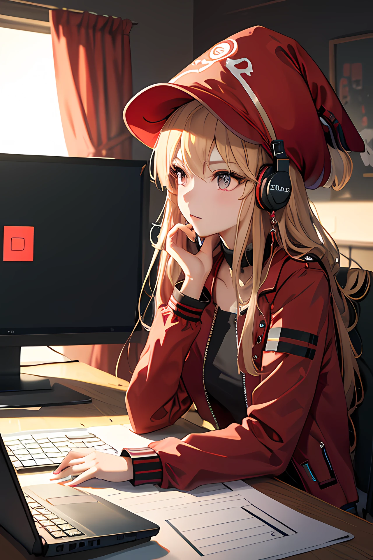 (Red Pirate Hat:1.2), Deep depth of field, sharp-focus, Portrait of a stunningly beautiful girl, soft, Gentle, Beautiful, attractive face, Sharp eyeliner, Absorbed Face, Disheveled blonde hair, windswept, (Neko Headphones:1.05), unzipped jacket, (Side view of the girl, using a laptop computer, sitting on a chair in a dark room:1.2), (Laptop with desk lamp:1.15), (Entering text on a laptop keyboard:1.1), (Highest Quality, Amazing details:1.4), Masterpiece