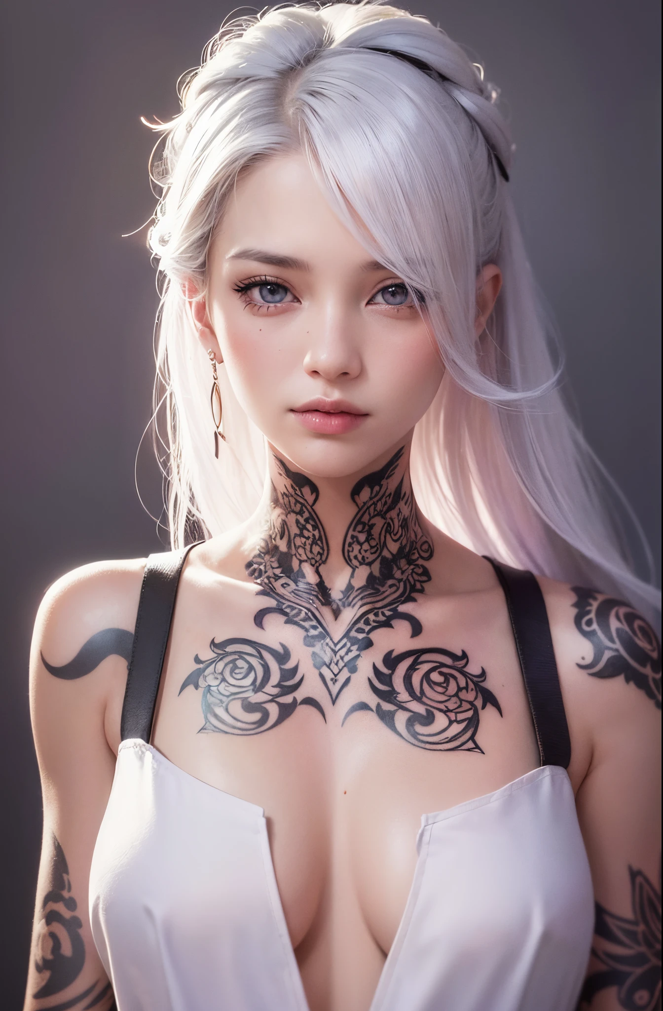 (model,portrait,potrait,fashion,girl,upper body,middle bust,half body potrait,photoshoot,white shirt,colorful hair,tattoo on neck,plain background) (vivid colors,sharp focus,ultra-detailed,realistic) (studio lighting,physically-based rendering)