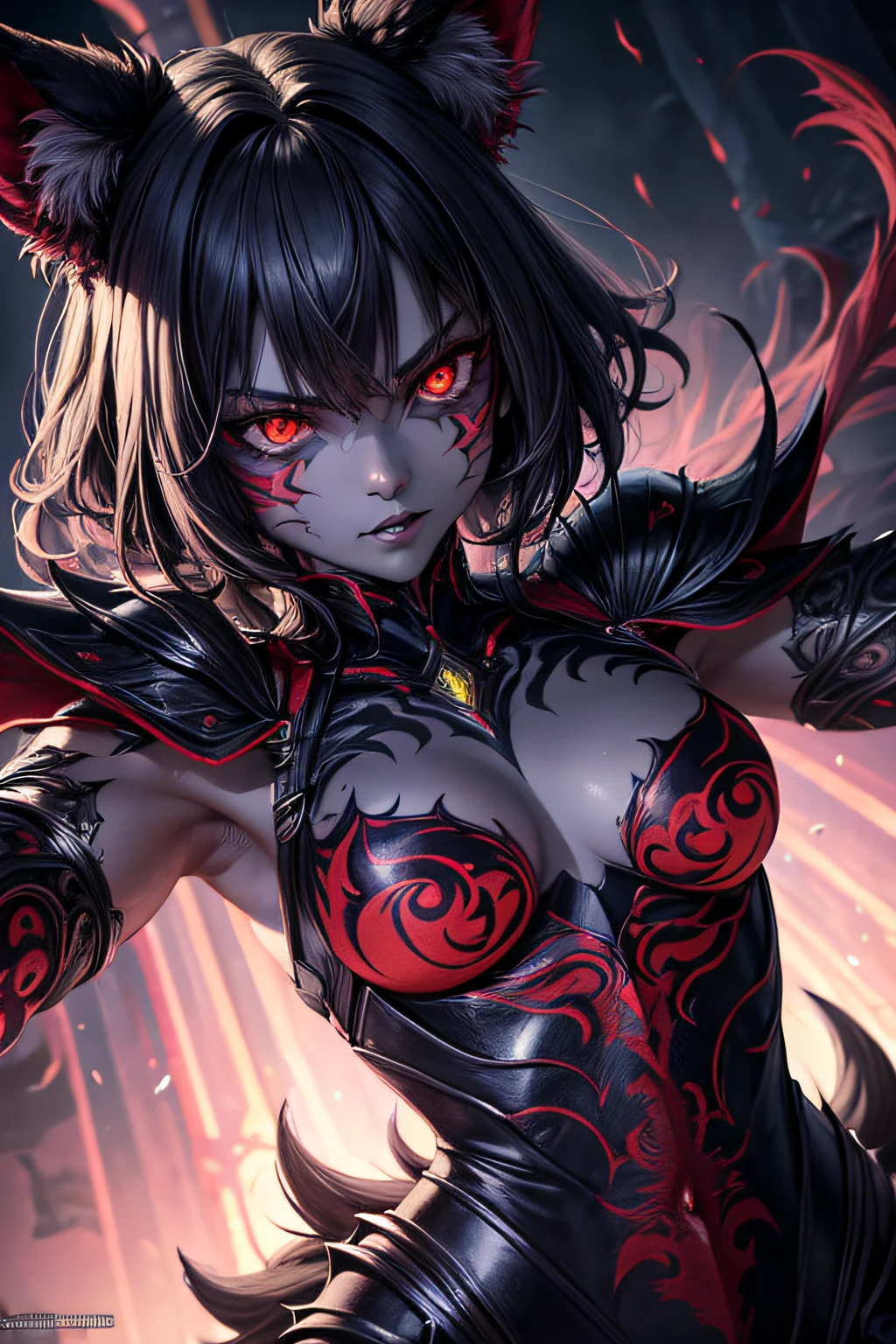 girl, werewolf monster girl, evil look, sexi, claws, demonic armor, facepaint, bodypaint, red glowing eyes, combat stance, dark aura, menacing, psychotic, highly detailed, vibrant appearance, creative behavior, imaginative, sensual, spontaneous, highest quality, skin texture, intricate details, (cinematic lighting), RAW photo, 8k, masterpiece,best quality,ultra-detailed,very detailed illustrations,extremely detailed,intricate details,highres,super complex details,extremely detailed 8k cg wallpaper,