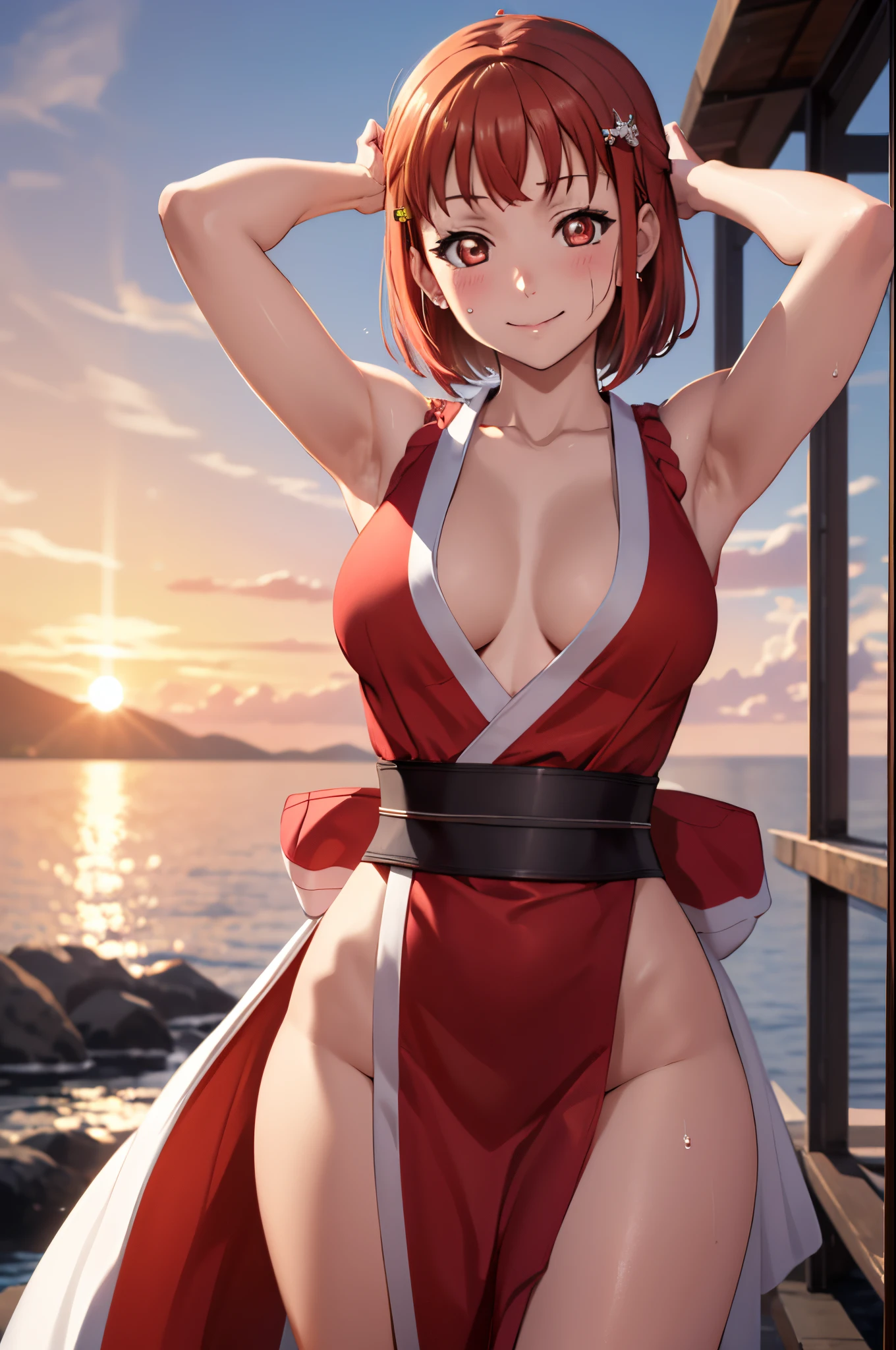 (best quality,4k,8k,highres,masterpiece:1.2), solo,ultra-detailed, sunset , standing , arms behind head takami chika,  slightly smile, Blushing, thighs, cowboy shot, hair ornament, sea in background, sweating,kunoichi dress, short hair, sexy smile