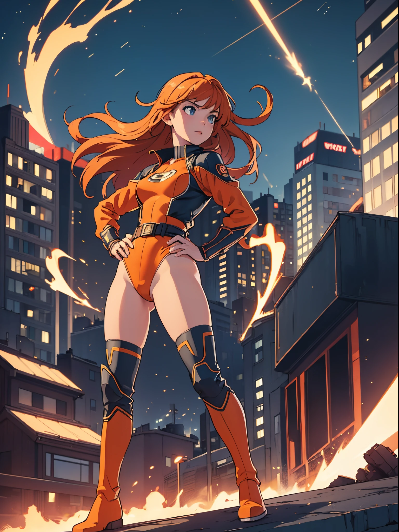 masterpiece, best quality, high school girl, superhero, heroic, leotard, bare legs, knee boots, gloves, city backdrop, twirl pose, spinning energy pulse, standing, tornado spin, whirlwind, super spin, t-pose