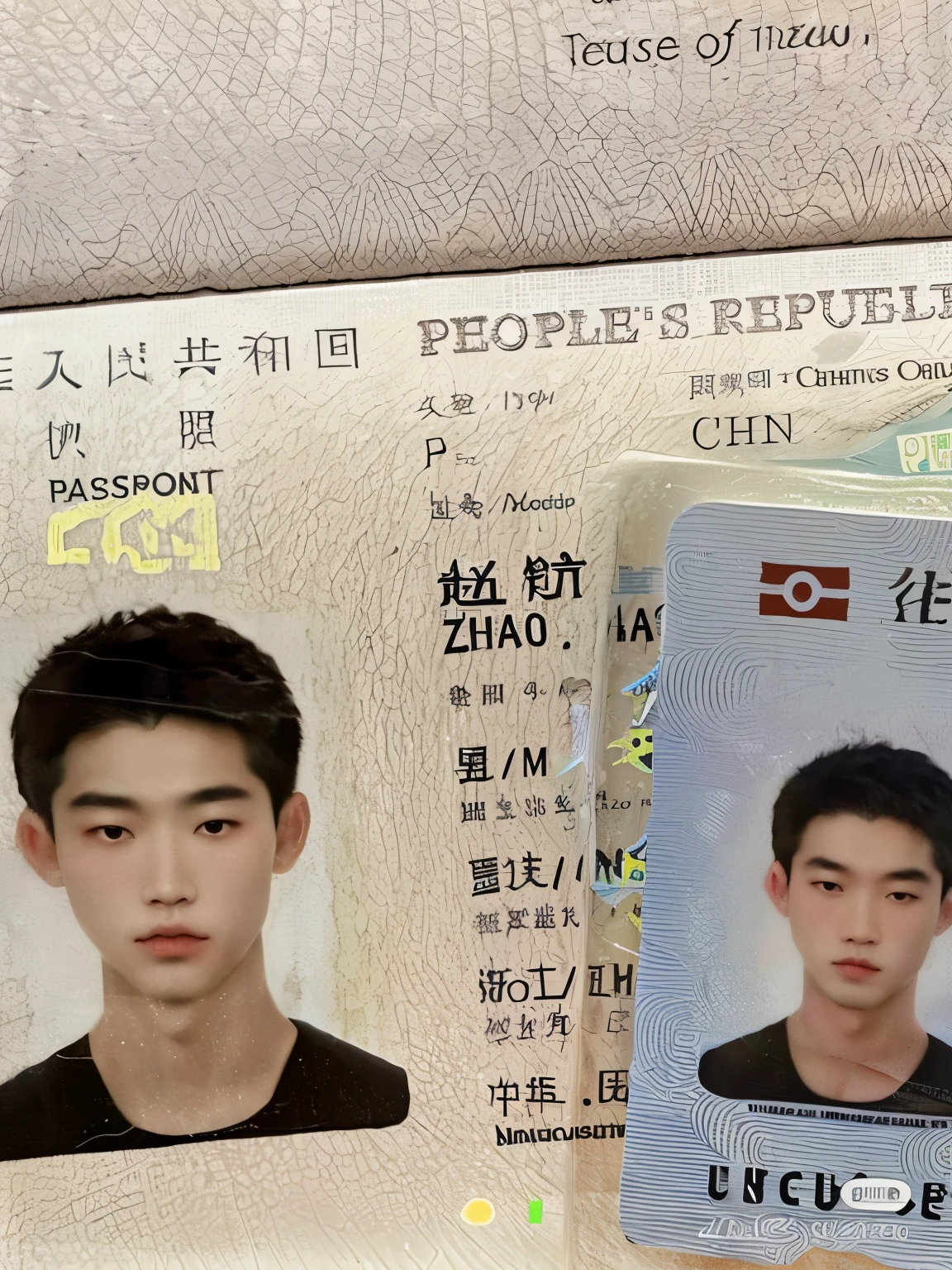 un gros plan d'un passeport avec une photo d'un homme, Cai Xukun, Yanjun Chengt, Photo d’identité, 1 7 - ans - garçon de garçon mince visage mince, Zezhou Chen, inspiré par Zhang Han, Wenjun Lin, Zmonzheng, inspiré par Zhu Da, (((Luke Chueh))), par Zha Shibiao, Homme sud-coréen