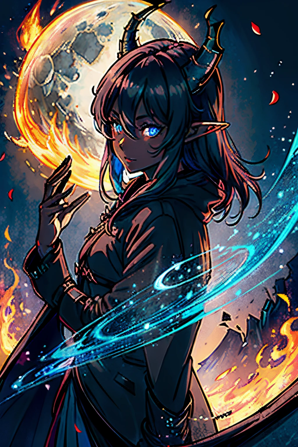 masterpiece, best quality,
1girl, (colorful),(finely detailed beautiful eyes and detailed face),cinematic lighting,bust shot,extremely detailed CG unity 8k wallpaper,white hair,solo,smile,intricate skirt,((flying petal)),(Flowery meadow)
sky, cloudy_sky, building, moonlight, moon, night, (dark theme:1.3), light, fantasy, ((Dark Skin)) ((Blue Eyes)) ((Elf Ears)) (((Black Overcoat))) (((Dragon Girl))) Lairei, Lord of Heroes, (((Fire Magic)))