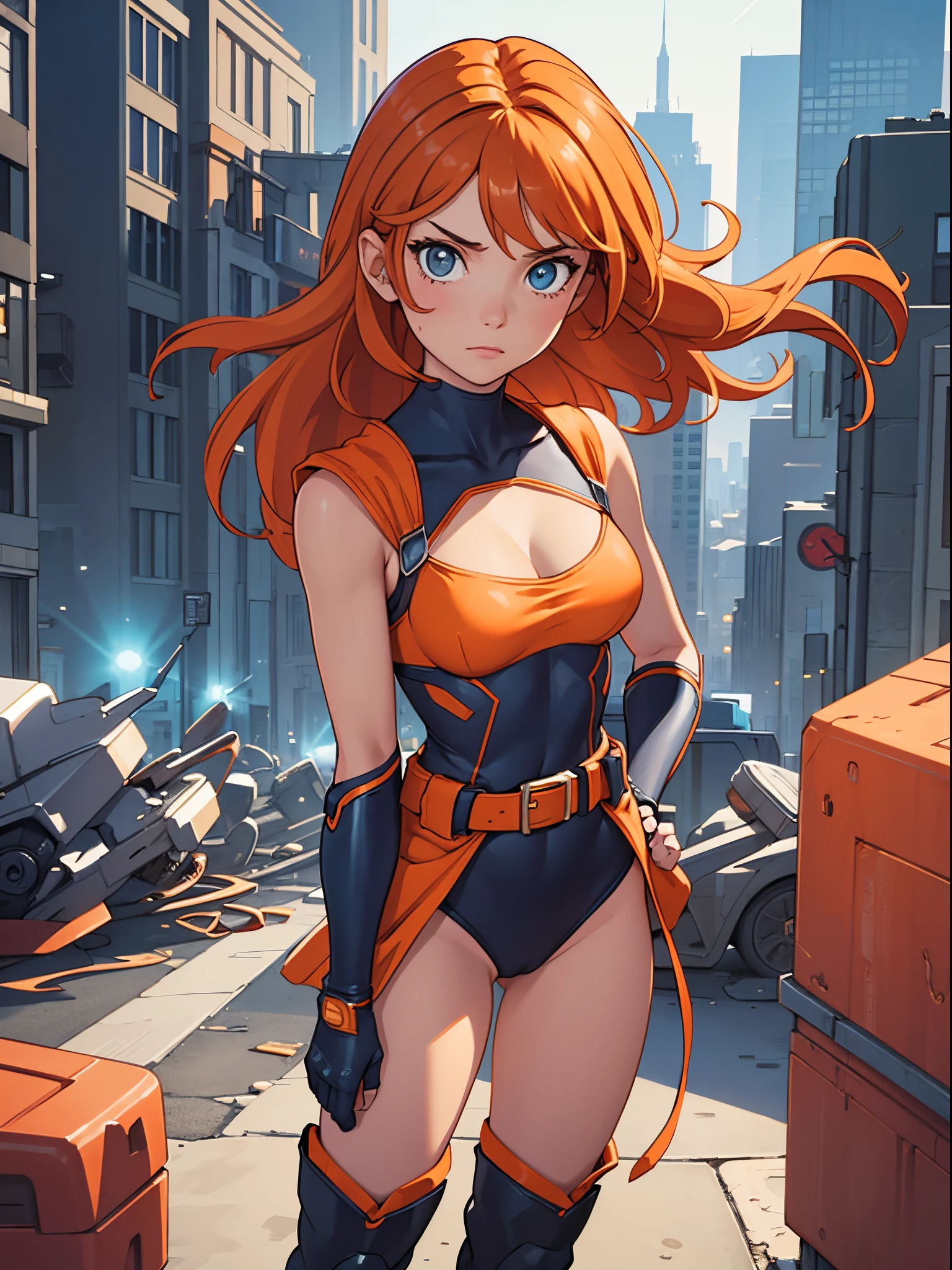 masterpiece, best quality, 1girl, superhero, leotard, bare legs, knee boots, matching boots, heroic, city backdrop, standing, body infused with energy, light particles, solo, single, cowboy shot, perfect anatomy, hand on hip, orange hair, beautiful detailed eyes, belt