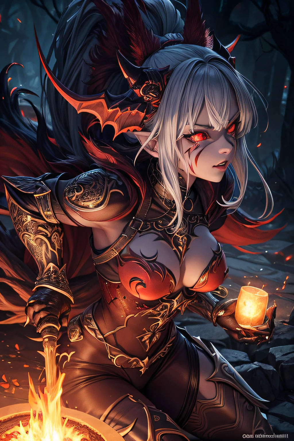 girl, vampire girl, evil look, sexi, fangs, vampire royal dress, facepaint, bodypaint, bloody, red glowing eyes, combat stance,  dark aura, menacing, psychotic, highly detailed, vibrant appearance, creative behavior, imaginative, sensual, spontaneous, highest quality, skin texture, intricate details, (cinematic lighting), RAW photo, 8k, masterpiece,best quality,ultra-detailed,very detailed illustrations,extremely detailed,intricate details,highres,super complex details,extremely detailed 8k cg wallpaper,