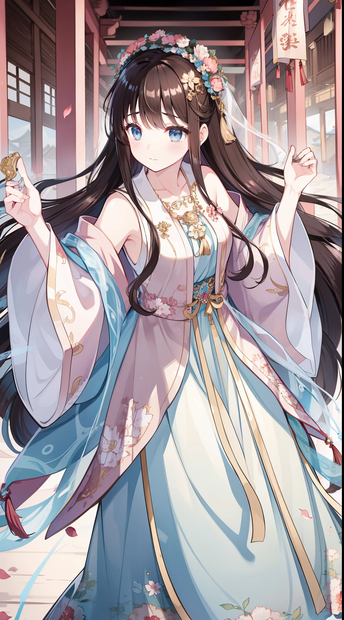 young girls, Long brown hair,Floral headdress,hair ornament,jewely,eBlue eyes, veils,pale robe, Sleeveless, jumpping, Summer palace,Asian architecture,petals,tmasterpiece, high high quality