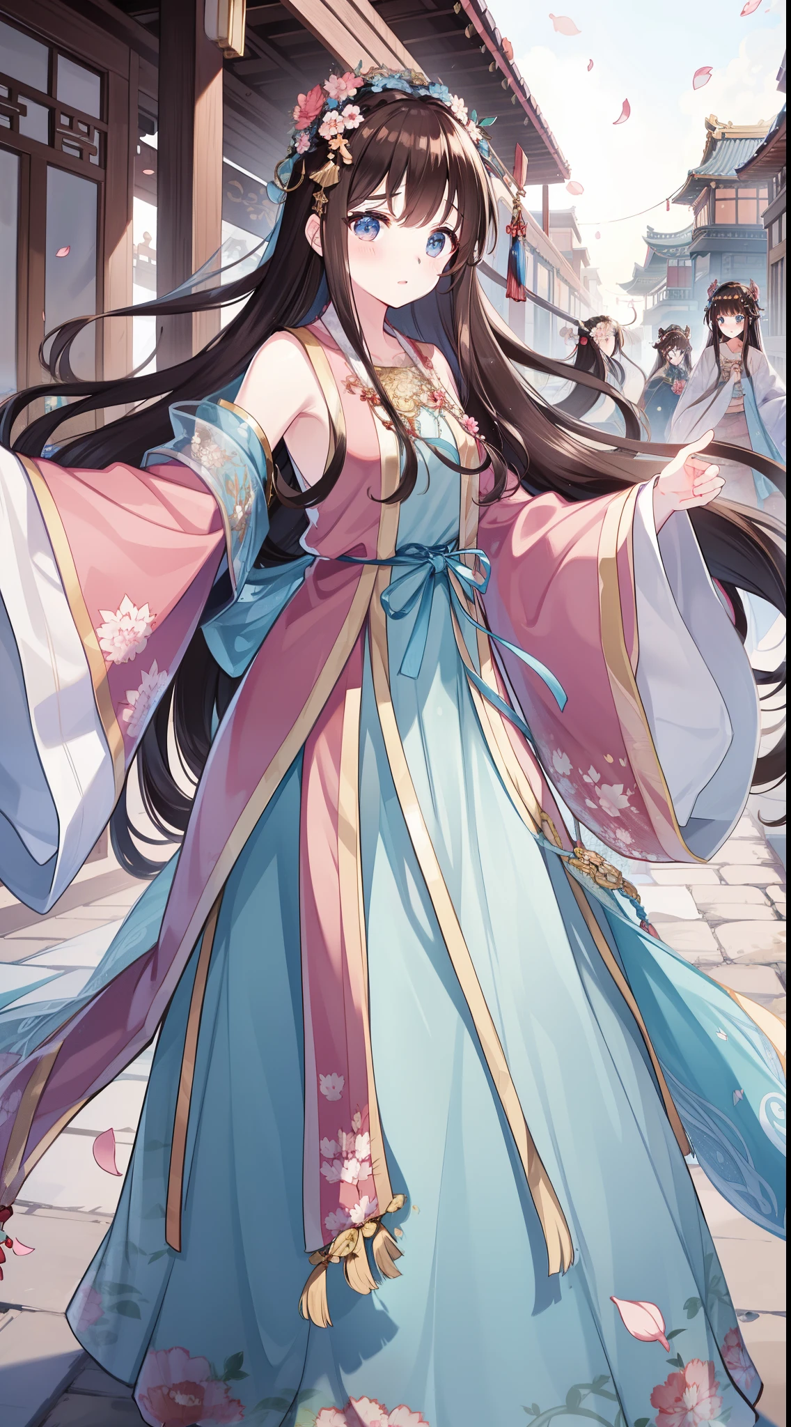 young girls, Long brown hair,Floral headdress,hair ornament,jewely,eBlue eyes, veils,pale robe, Sleeveless, jumpping, Summer palace,Asian architecture,petals,tmasterpiece, high high quality