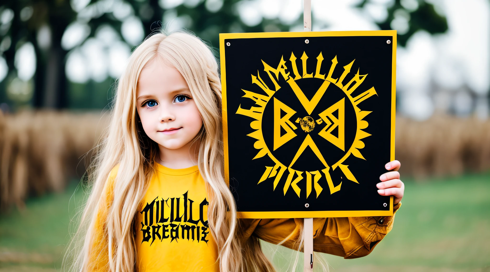 blonde  girl long hair holding a sign that says Metallica, mestre de fantoches, metal pesado!, [ metal ], Michael, muito feliz!, arte magistral, com um brilhante, metal head, feito de metal, metal pesado, completely metallic, he is a rockstar, obra-prima obra de arte.