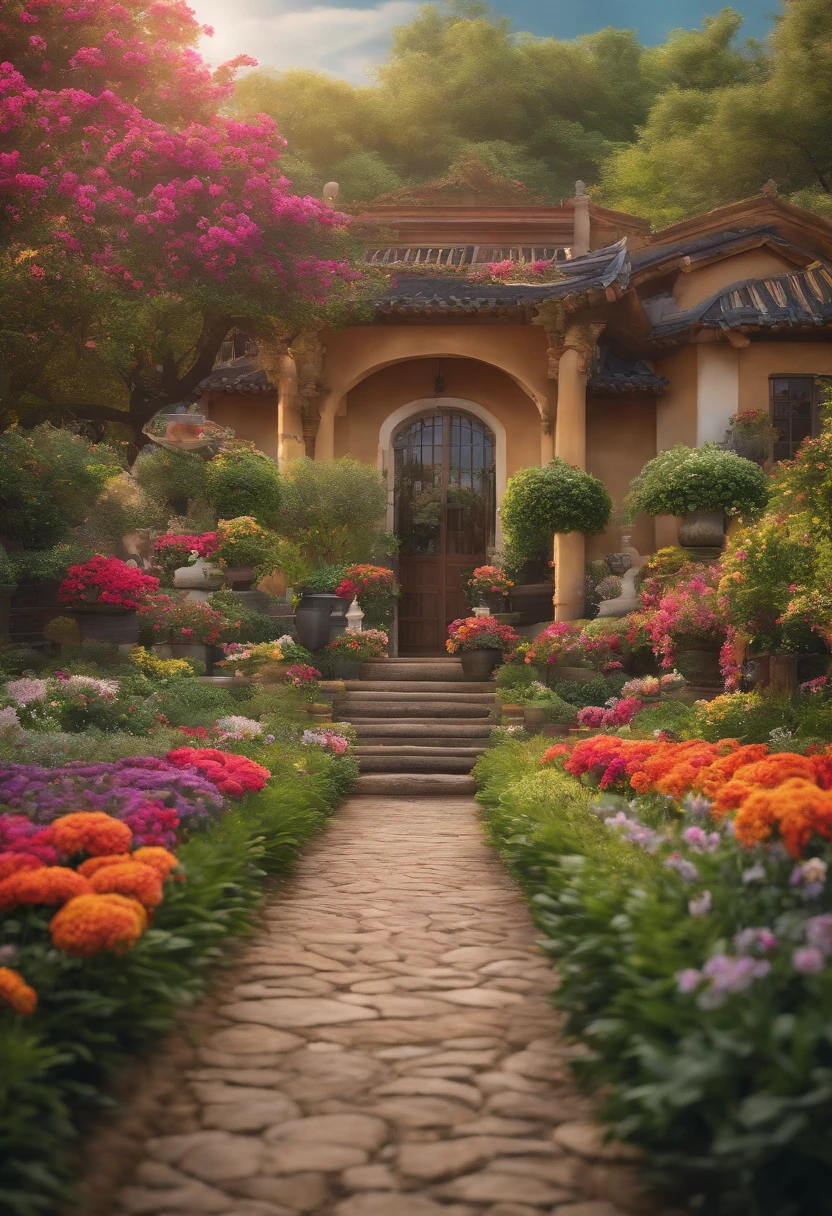8k、An ultra-high picture quality、Ultra-realistic details、masutepiece、(A gorgeous garden with brightly colored flowers)、Professional photographer photography、