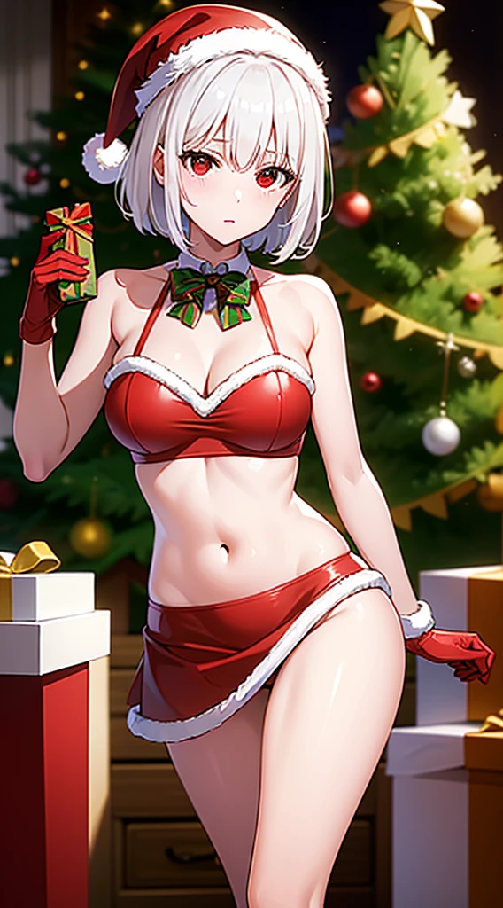 masterpiece, best quality, 1 solo girl, silver hair, red eyes, short hair, wavy hair, Christmas ornaments, medium breasts, mature body and face, red christmas dress, christmas, christmas light, christmas tree, red gloves, red santa skirt, holding gift, red bra, red panty, leg up, cowboy shots, sexy pose, dakimakura, detailed body, face, and eyes, sharp focus, vibrant, creative, dynamic, high definition, high resolution, 8k, (Upscale: R-ESRGAN 4x+ Anime6B), (Image enchance:4x), voluptuous body