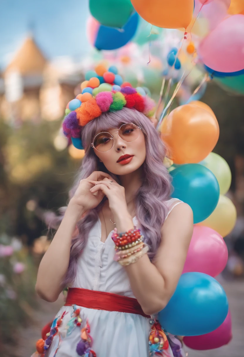 A photo of the character juggling colorful balloons in a whimsical costume,original,Anime merch, beanie, glasses, long hair with neon streaks, no makeup