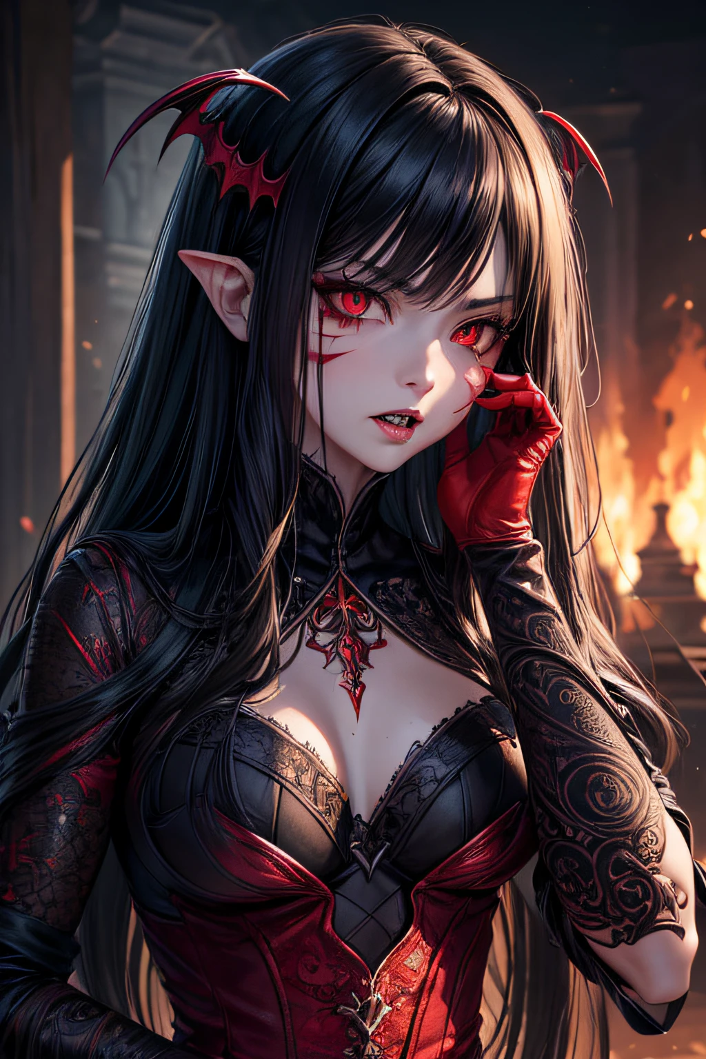 black-red theme, Close portrait, cute woman, detailing, art by alberto seveso,,full body,etalid dace,detailed hands,elf woman,full body,detailed eyes
