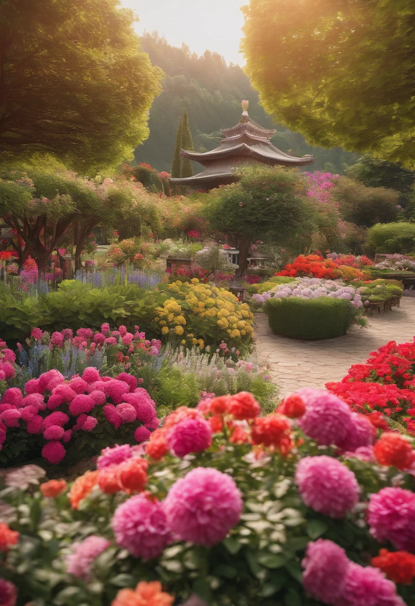 8K、An ultra-high picture quality、Ultra-realistic details、masutepiece、(Colorful flowers々A chic garden in full bloom)、Professional photographer photography、Raw photography、