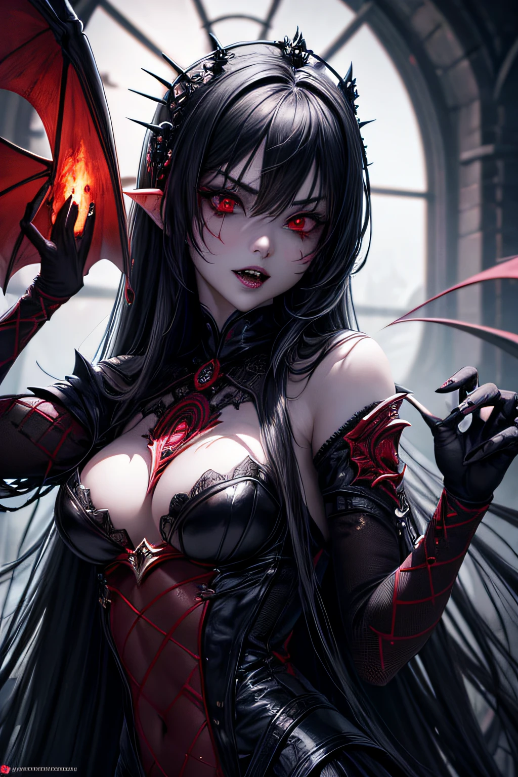 girl, vampire girl, evil look, sexi, fangs, vampire royal dress, facepaint, bodypaint, bloody, red glowing eyes, combat stance, dark aura, menacing, psychotic, highly detailed, vibrant appearance, creative behavior, imaginative, sensual, spontaneous, highest quality, skin texture, intricate details, (cinematic lighting), RAW photo, 8k, masterpiece,best quality,ultra-detailed,very detailed illustrations,extremely detailed,intricate details,highres,super complex details,extremely detailed 8k cg wallpaper,