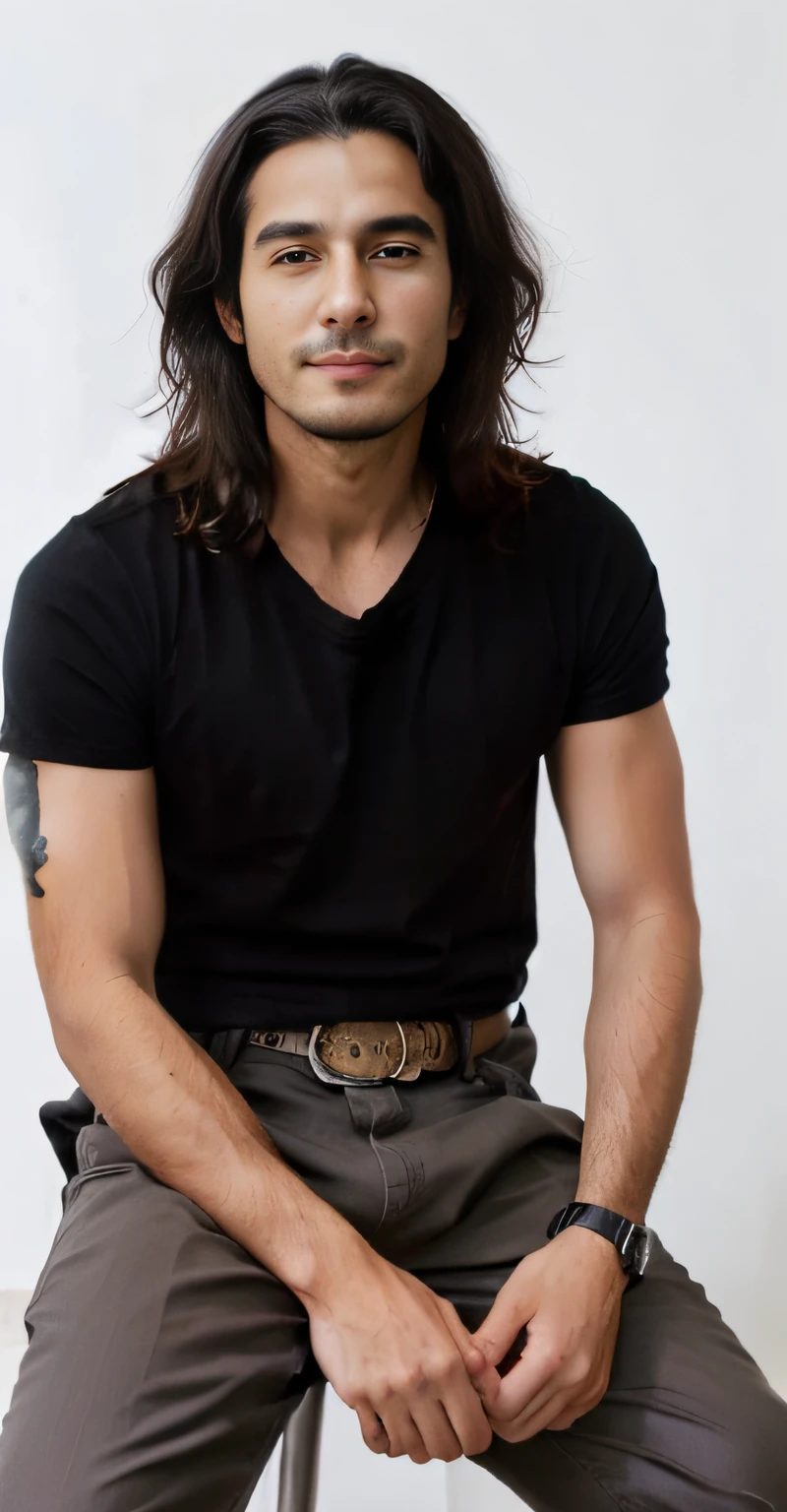 arafed man sitting on a stool with his hands on his hips, he is wearing a black t-shirt, mid long hair, wearing a black tshirt, chin-length hair, wearing a black shirt, wearing a black t-shirt, wearing black tshirt, young with long hair, with long hair, hair floating covering chest, steven jung