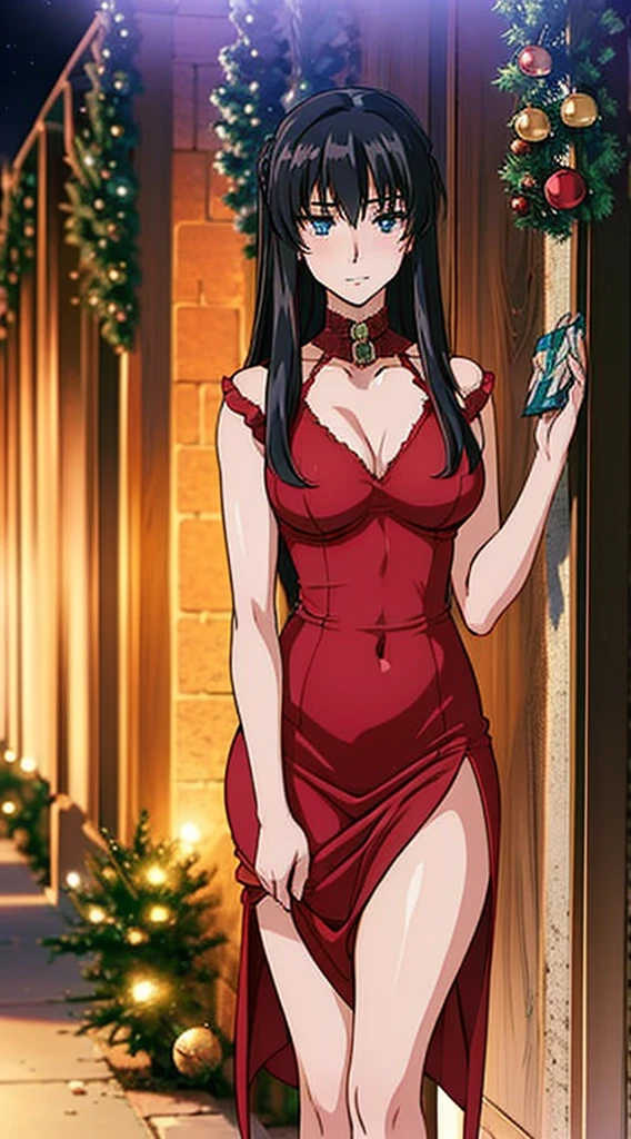 masterpiece, best quality, 1 solo girl, black hair, blue eyes, long hair, wavy hair, Christmas ornaments, medium breasts, mature body and face, red christmas dress, christmas, christmas light, christmas tree, red gloves, red santa skirt, holding gift, red bra, red panty, leg up, cowboy shots, sexy pose, dakimakura, detailed body, face, and eyes, sharp focus, vibrant, creative, dynamic, high definition, high resolution, 8k, (Upscale: R-ESRGAN 4x+ Anime6B), (Image enchance:4x), voluptuous body