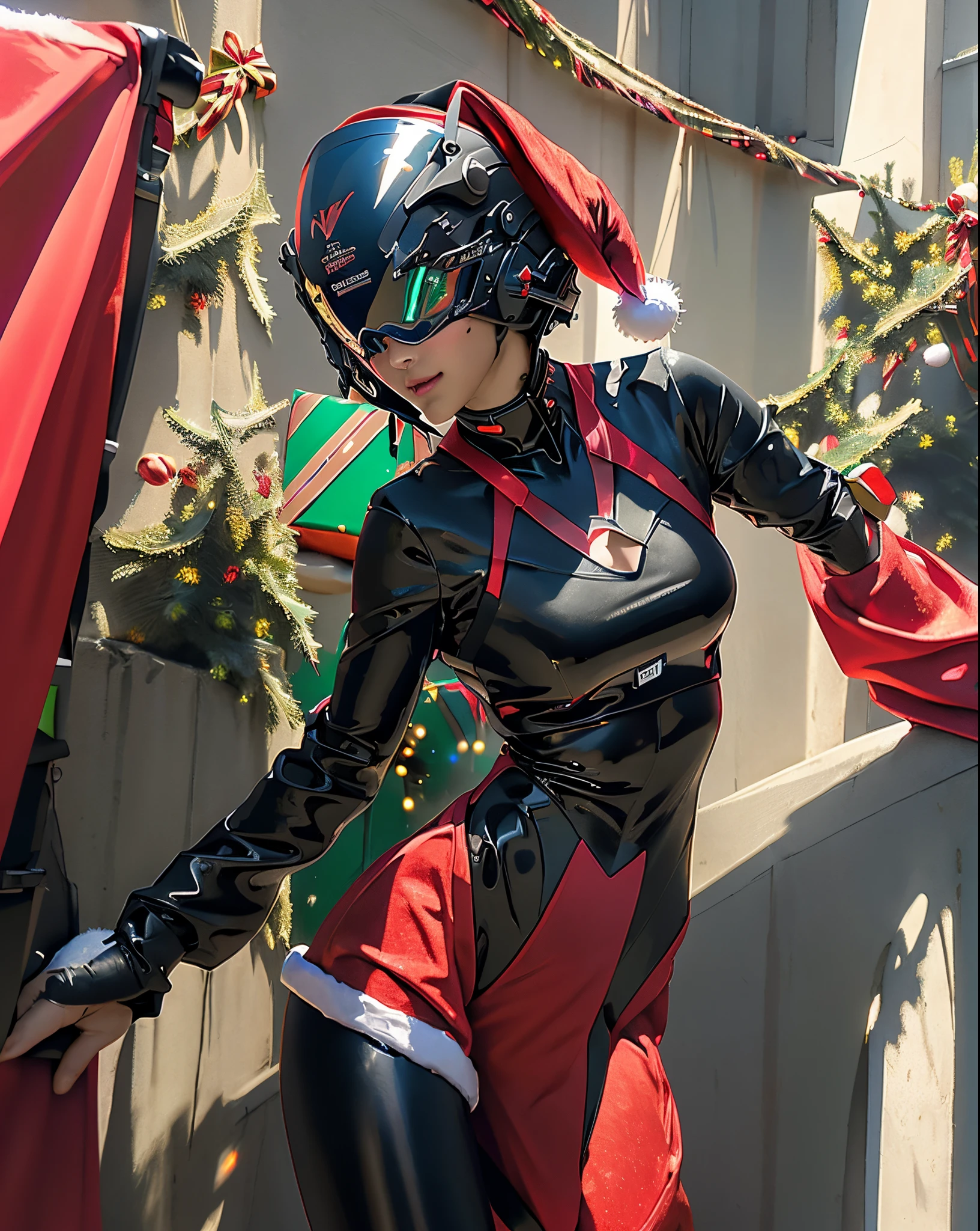 solo, Raw photo, realistic, masterpiece, best quality, high resolution, ultra detailed, official arts, 8K wallpaper, official wallpaper, 1girl, 1female, helmet, little clothing, tiny thong, short black and tight bodysuit, leather, (large breasts), neckline, thin waist, wide hips, night, moonlight, cybernetic motorcycle gloves, (unpacking clothes), innerboob, sensual pose, (a person in a cyberhelmet of the future), cyberhelmet, fantastic, cybernetic, reflections in dark glass and plastic, fullbody, lines of motion, buttom up top down, (curved), hyper detailed, neon lights, neon colors, cyberpunk, reflections, bright, sparks, detailed arms, detailed fingers, detailed bare legs, dark background, (tilted forward and down), seductive pose, sexy vision, fiber optic hair wires and electrical cables, ((christmas theme:1.5)), (snowing)