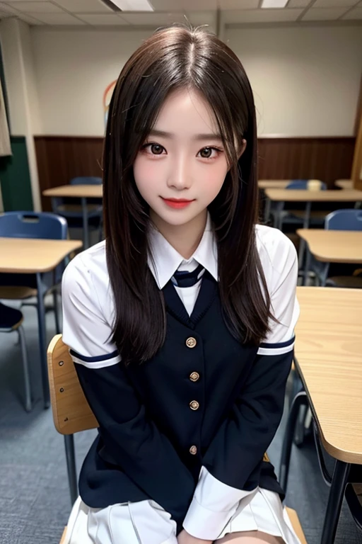 a closeup, masterpiece, top-quality, Raw foto, Photorealsitic, A smile, beautiful a girl, cute little, length hair, depth of fields, hight resolution, ultra-detailliert, detaile, extremely detailed eye and face, Sharp pupils, Realistic pupils, foco nítido, Cinematic lighting、School Uniforms、Sitting on a chair in a classroom、The upper part of the body、