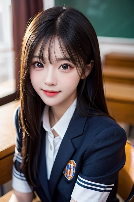 a closeup, masterpiece, top-quality, Raw foto, Photorealsitic, A smile, beautiful a girl, cute little, length hair, depth of fields, hight resolution, ultra-detailliert, detaile, extremely detailed eye and face, Sharp pupils, Realistic pupils, foco nítido, Cinematic lighting、School Uniforms、Sitting on a chair in a classroom、The upper part of the body、
