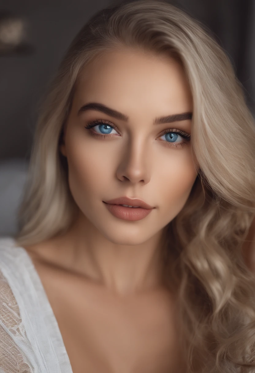 Arafed woman in full , Sexy girl with blue eyes, ultra realistis, Meticulous detail, portrait sophie mudd, blonde hair and large eyes, selfie of a young woman, bedroom eyes, violet myers, no makeup, natural makeup, looking straight at camera, face with artgram, fine makeup, Stunning full-length shot, kneeling on the bed, in bedroom, Medium to large size bust