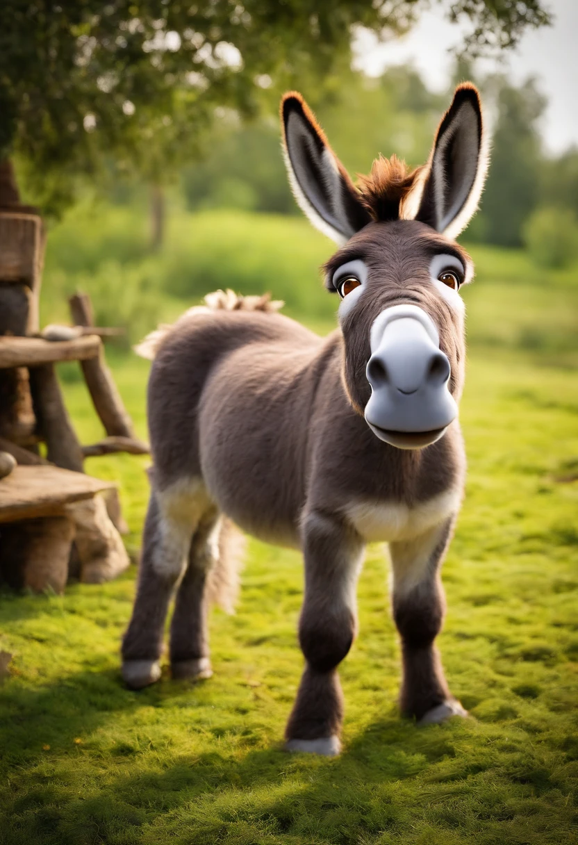 A photo of Donkey and his pals playing musical instruments and singing around a campfire,Shrek,Donkey, the beloved character from the “Shrek” film series, is a small, gray donkey with wide, expressive eyes and an ever-present enthusiastic smile. His scruffy appearance, complete with a slightly tangled mane and a small, wagging tail, adds to his charming and endearing character. Donkey’s animated expressions and energetic body language play a significant role in conveying his emotions and enhancing the humor in his scenes.