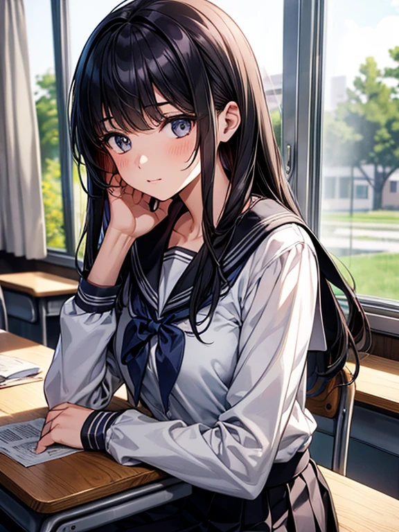 Best quality, (background is a school classroom), 1 girl, sitting on a school chair, the girl is looking at the window: 1.3, (the girl is gazing outside from the classroom window), (classroom scene: 1.3), (During class:1.3),black long-sleeved sailor uniform, black pleated skirt, black hair, long hair, young girl, school desk, hand up, elbows on the table, cinematic lighting,looking away, frontal angle