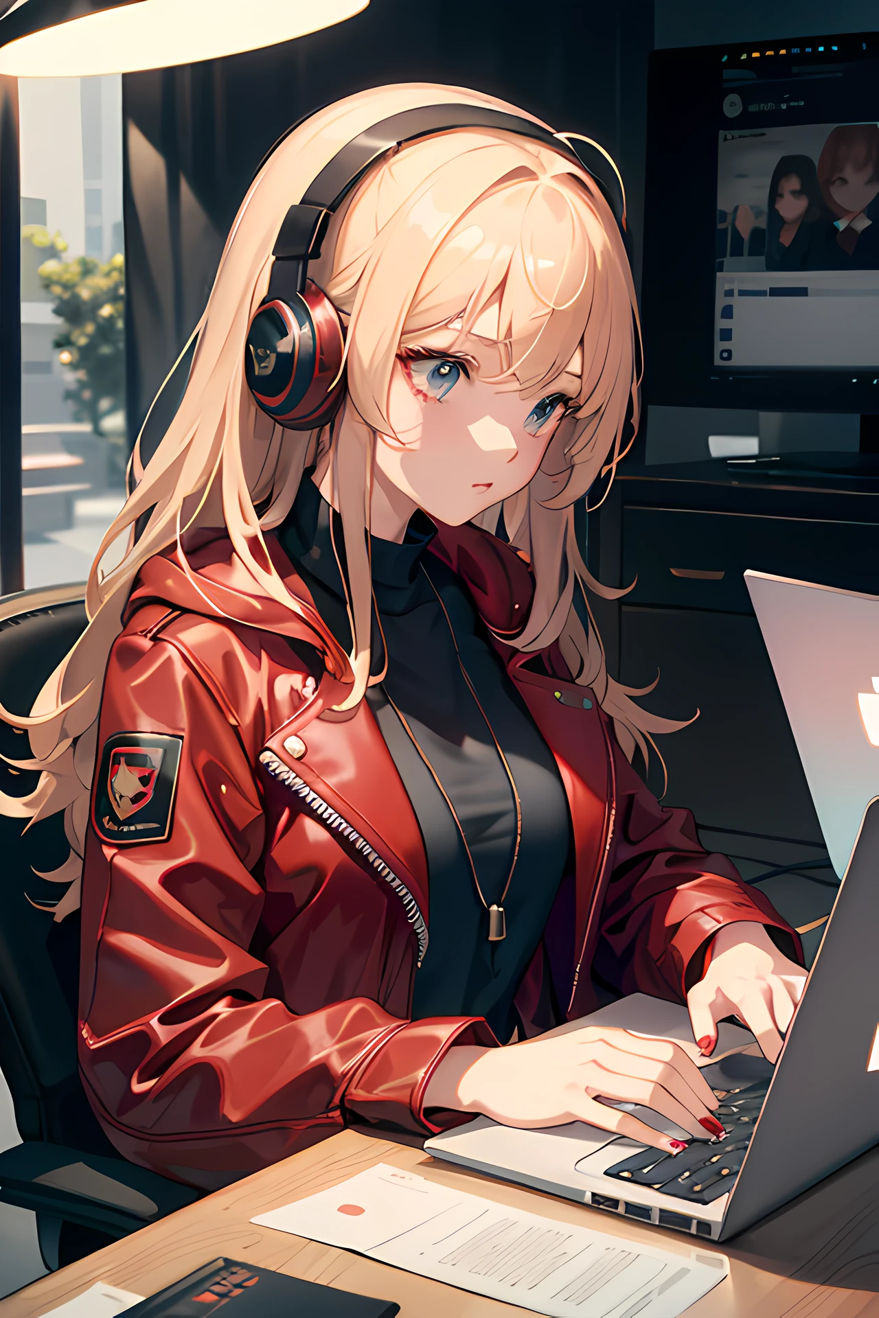 red jacket, Deep depth of field, sharp-focus, Portrait of a stunningly beautiful girl, soft, Gentle, Beautiful, attractive face, Sharp eyeliner, Absorbed Face, Disheveled blonde hair, windswept, (Neko Headphones:1.05), unzipped jacket, (Side view of the girl, using a laptop computer, sitting on a chair in a dark room:1.2), (Laptop with desk lamp:1.15), (Entering text on a laptop keyboard:1.1), (Highest Quality, Amazing details:1.4), Masterpiece