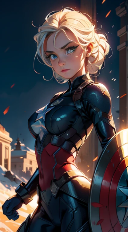 Elsa-Captain America Fusion, Captain America's Clothes, Cabelos brancos da Elsa, melting, 1girl, Latex bodysuit, Captain America's Shield, Beautiful, (master part:1.2), (melhor qualidade:1.2), ((pose de luta)), ((campo de batalha)), cinemactic, olhos perfeitos, pele perfeita, perfect lighting, sorrir, luz, cor, pele texturizada, detalhe, Beleza, maravilha, ultra-detalhado, rosto perfeito
