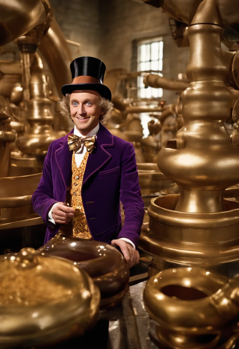 A mesmerizing video of a chocolate river flowing through the candy factory.,Charlie and the Chocolate Factory,Willy Wonka, the eccentric chocolate factory owner in Roald Dahl’s novel and its film adaptations, is known for his flamboyant and whimsical style. He typically sports a top hat, a brightly colored, tailored suit, and a bow tie, embodying his quirky and unconventional character. Wonka’s attire often includes a cane and whimsical accessories that add to his mysterious and playful persona. His bright eyes and enigmatic smile contribute to his charismatic yet unpredictable appearance.