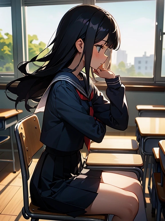Best quality, (background is a school classroom), 1 girl, sitting on a school chair, the girl is looking at the window: 1.3, (the girl is gazing outside from the classroom window), (classroom scene: 1.3), (During class:1.3),black long-sleeved sailor uniform, black pleated skirt, black hair, long hair, young girl, school desk, hand up, elbows on the table, cinematic lighting,looking away, frontal angle