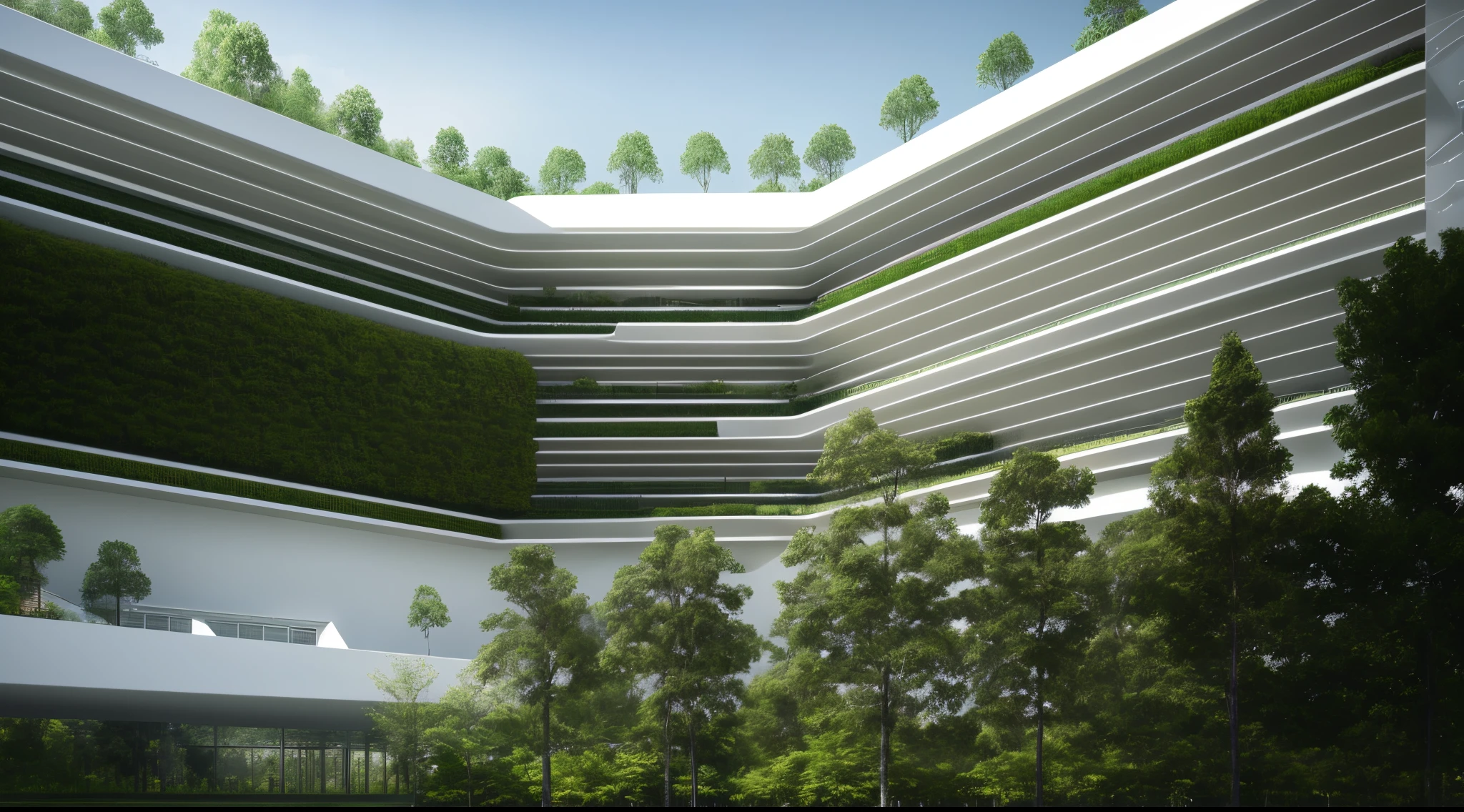 there is a large white building with a green roof and trees, inspired by Tadao Ando, white wall complex, architectural render, building cover with plant, build in a forest near of a lake, architecture render, with matsu pine trees, architectural rendering, conceptual rendering, high detail render, highly detailed render, green architecture, detail render, low angle dimetric rendering