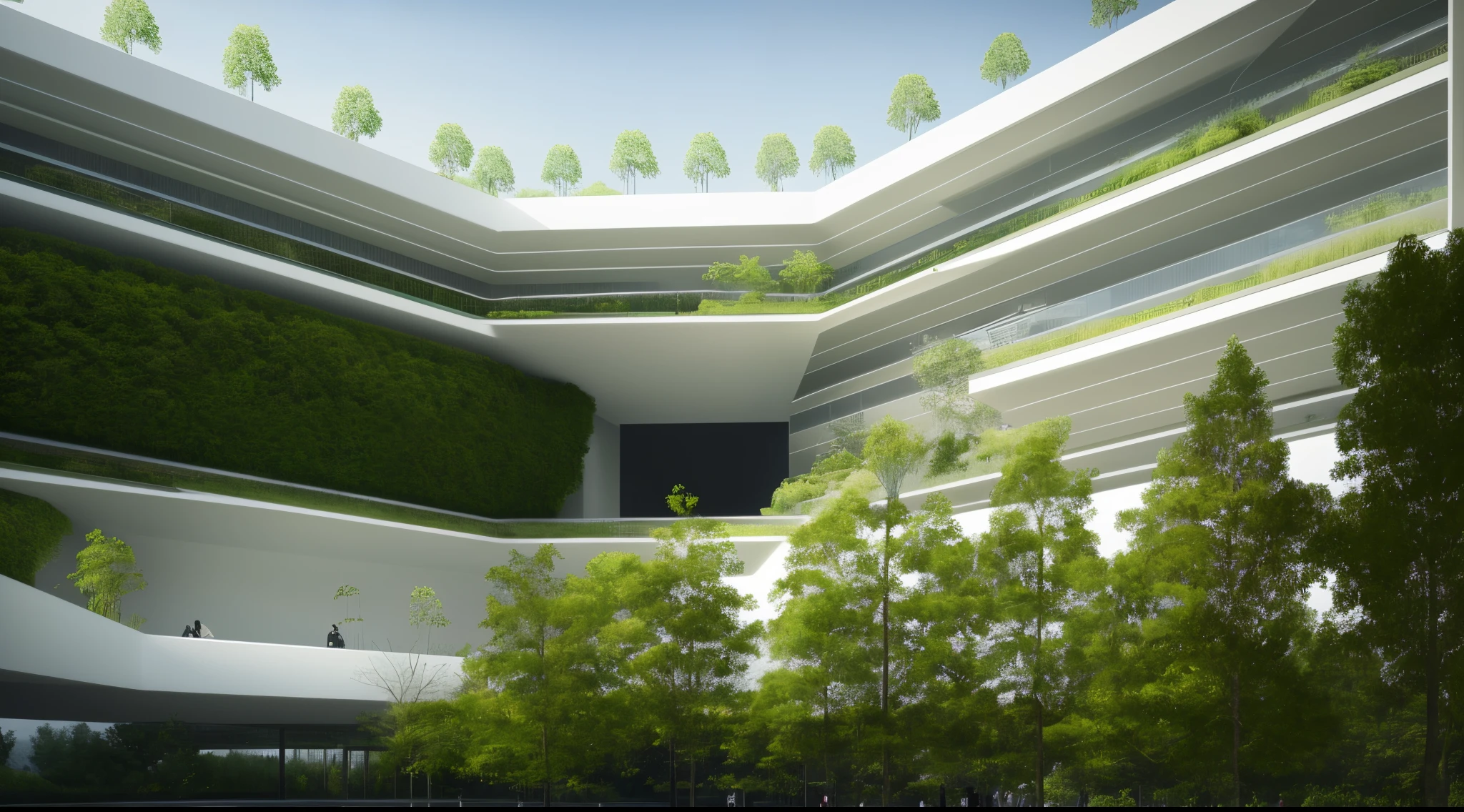 there is a large white building with a green roof and trees, inspired by Tadao Ando, white wall complex, architectural render, building cover with plant, build in a forest near of a lake, architecture render, with matsu pine trees, architectural rendering, conceptual rendering, high detail render, highly detailed render, green architecture, detail render, low angle dimetric rendering